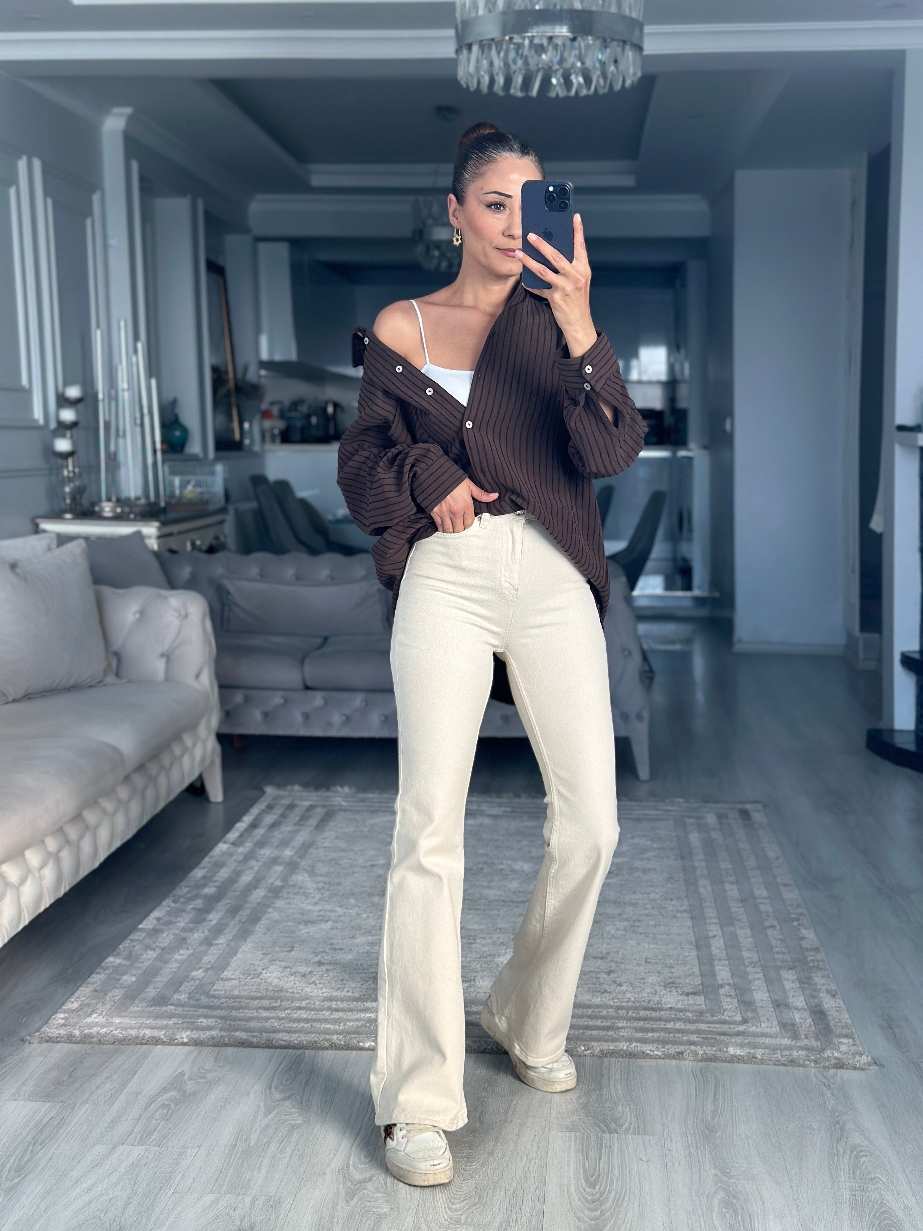 Kahverengi Tek Cepli Çizgi Detay Oversize Kadın Gömlek
