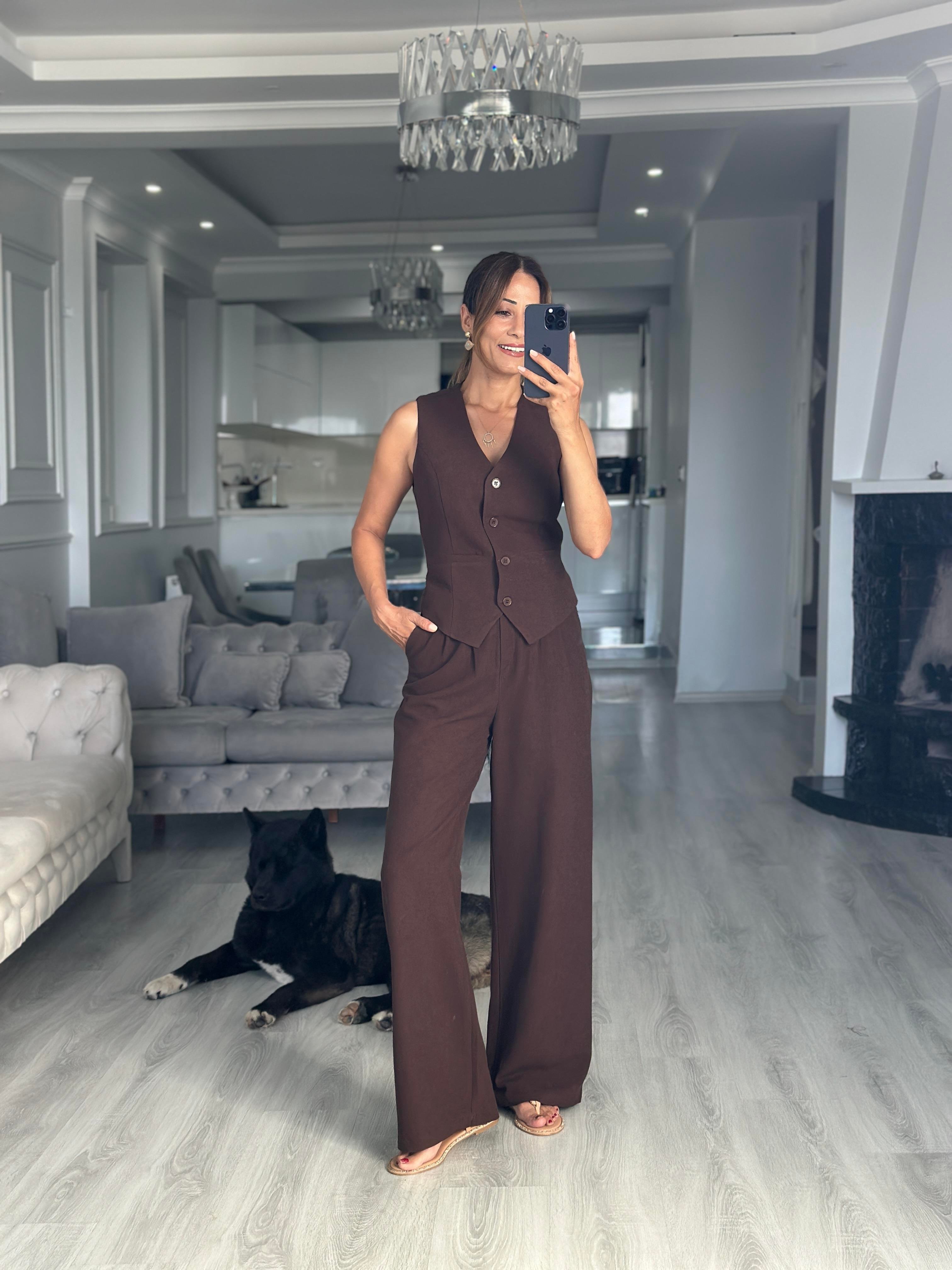 Kahverengi Terni Yelek Pantolon Kadın Keten Alt Üst Takım