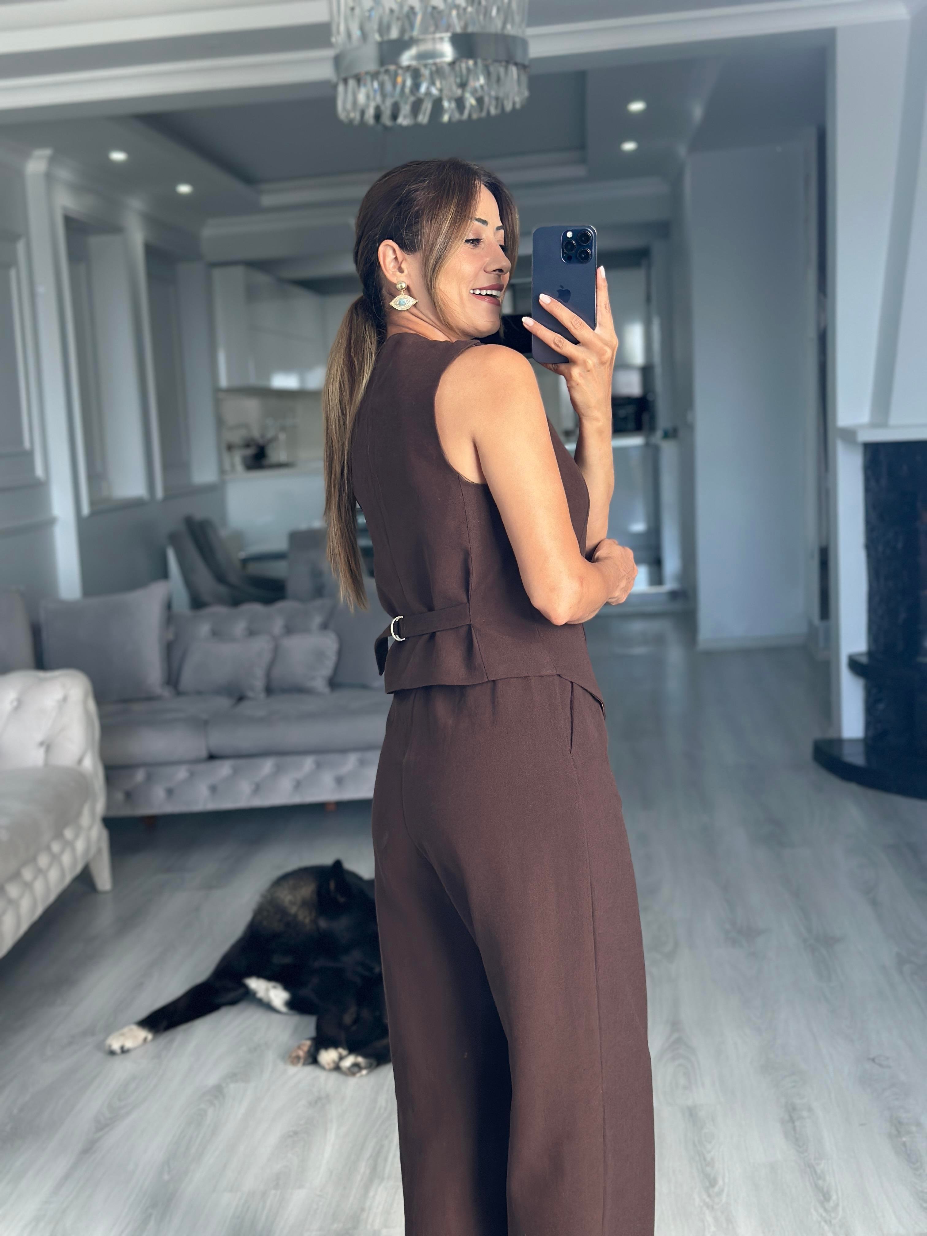 Kahverengi Terni Yelek Pantolon Kadın Keten Alt Üst Takım