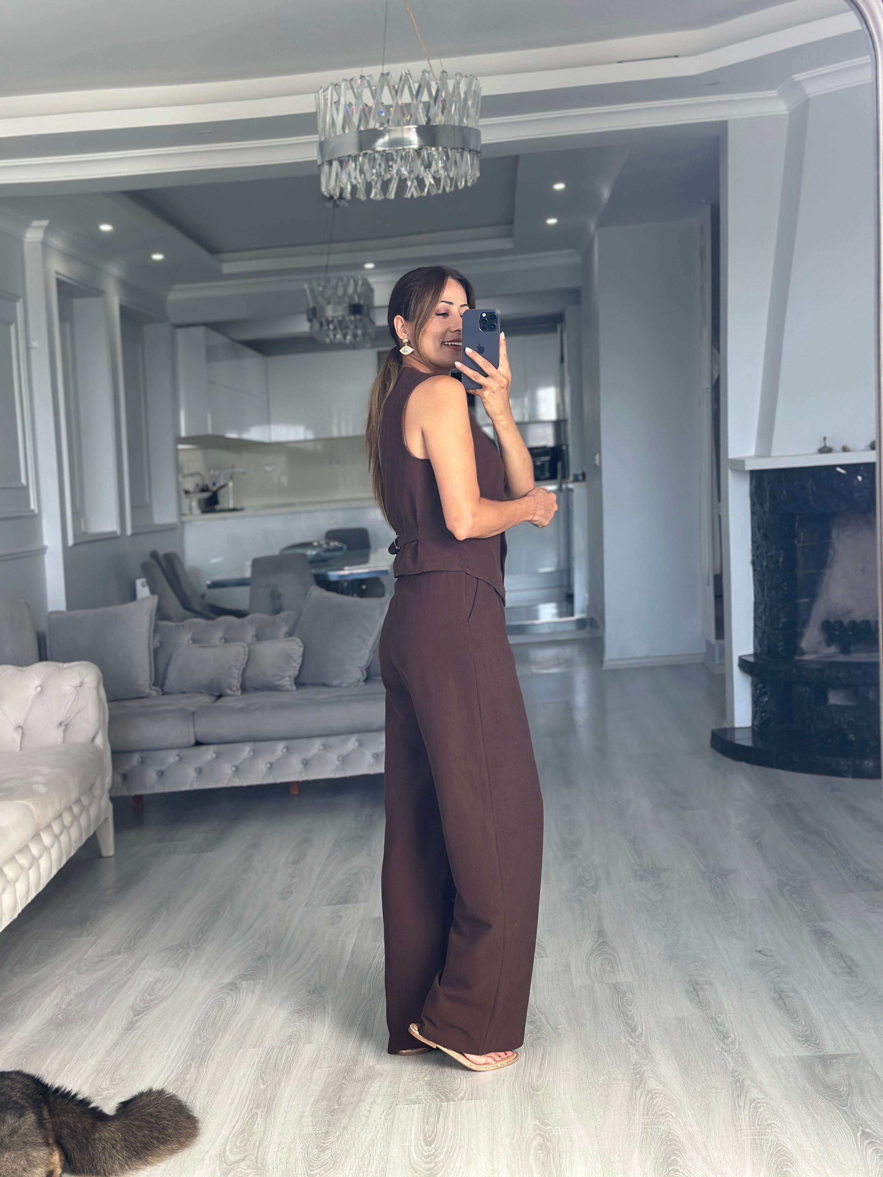 Kahverengi Terni Yelek Pantolon Kadın Keten Alt Üst Takım