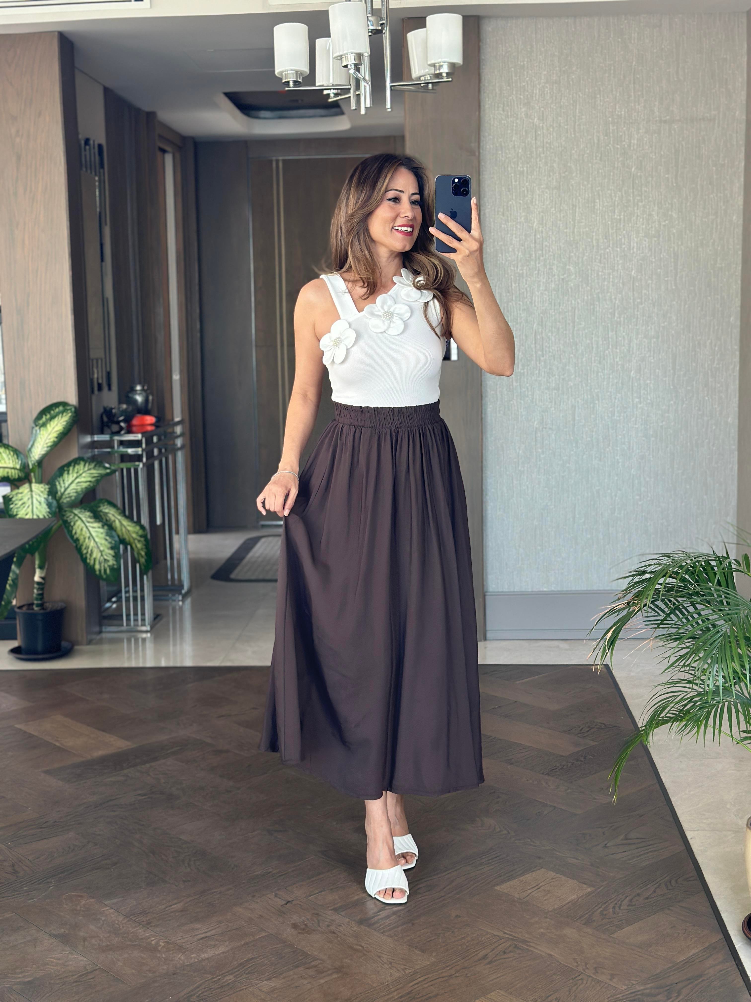 Kahverengi Tnsl Kumaş Beli Lastikli Cepli Kadın Midi Boy Etek