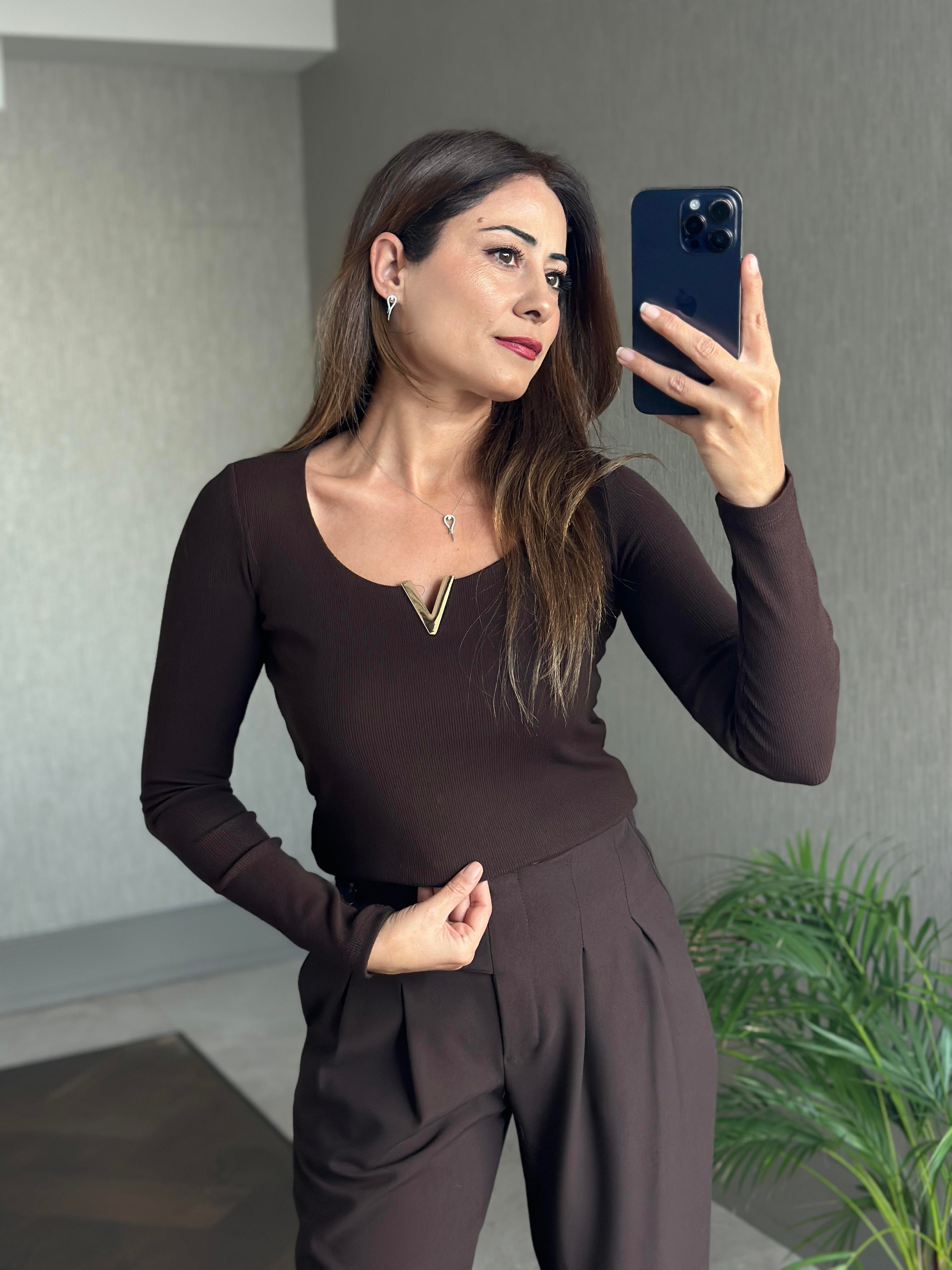 Kahverengi Uzun Kollu Önü Gold V Demirli Kaşkorse Kadın Body