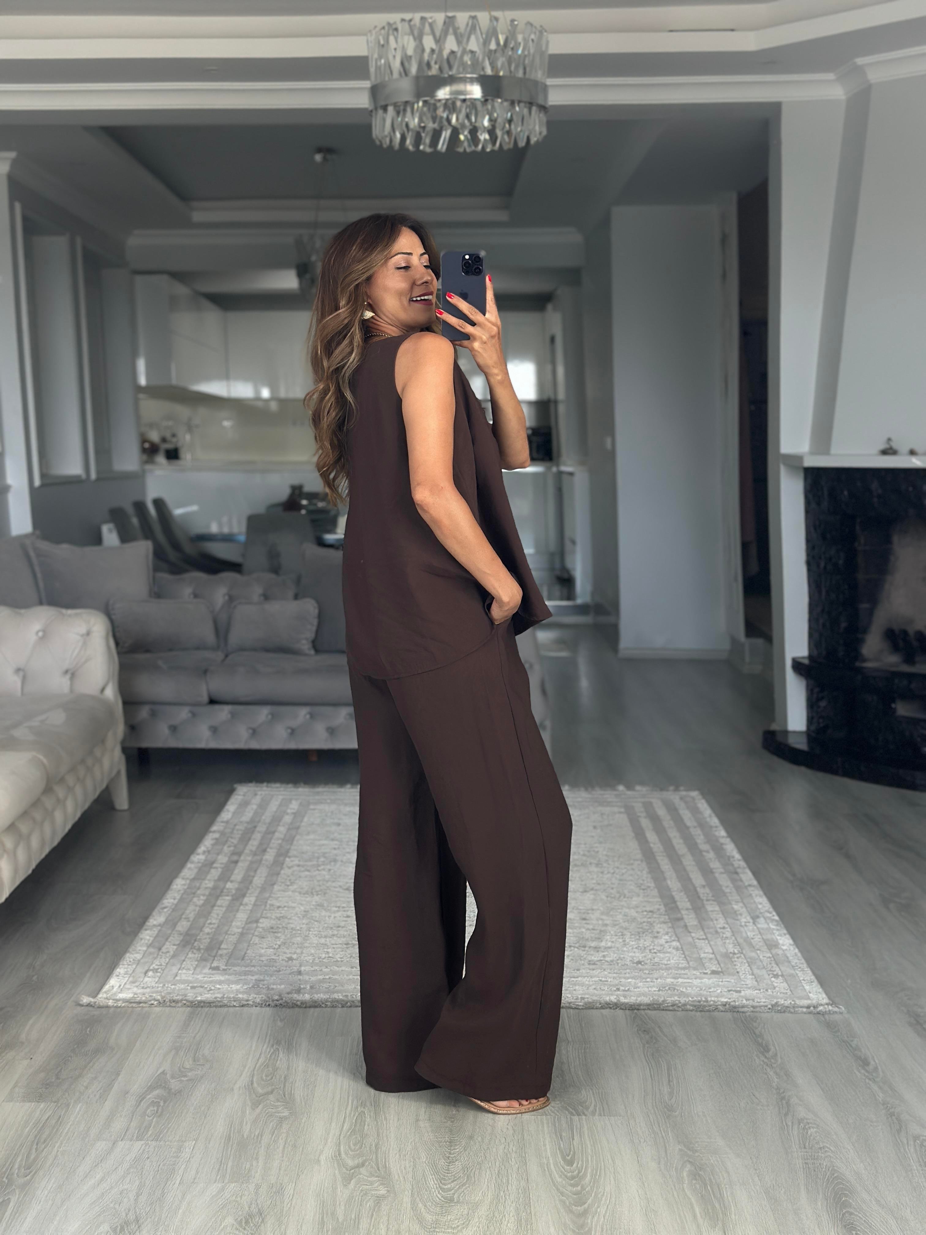 Kahverengi V Yaka Bluz Bol Paça Pantolon Kadın Alt Üst Takım