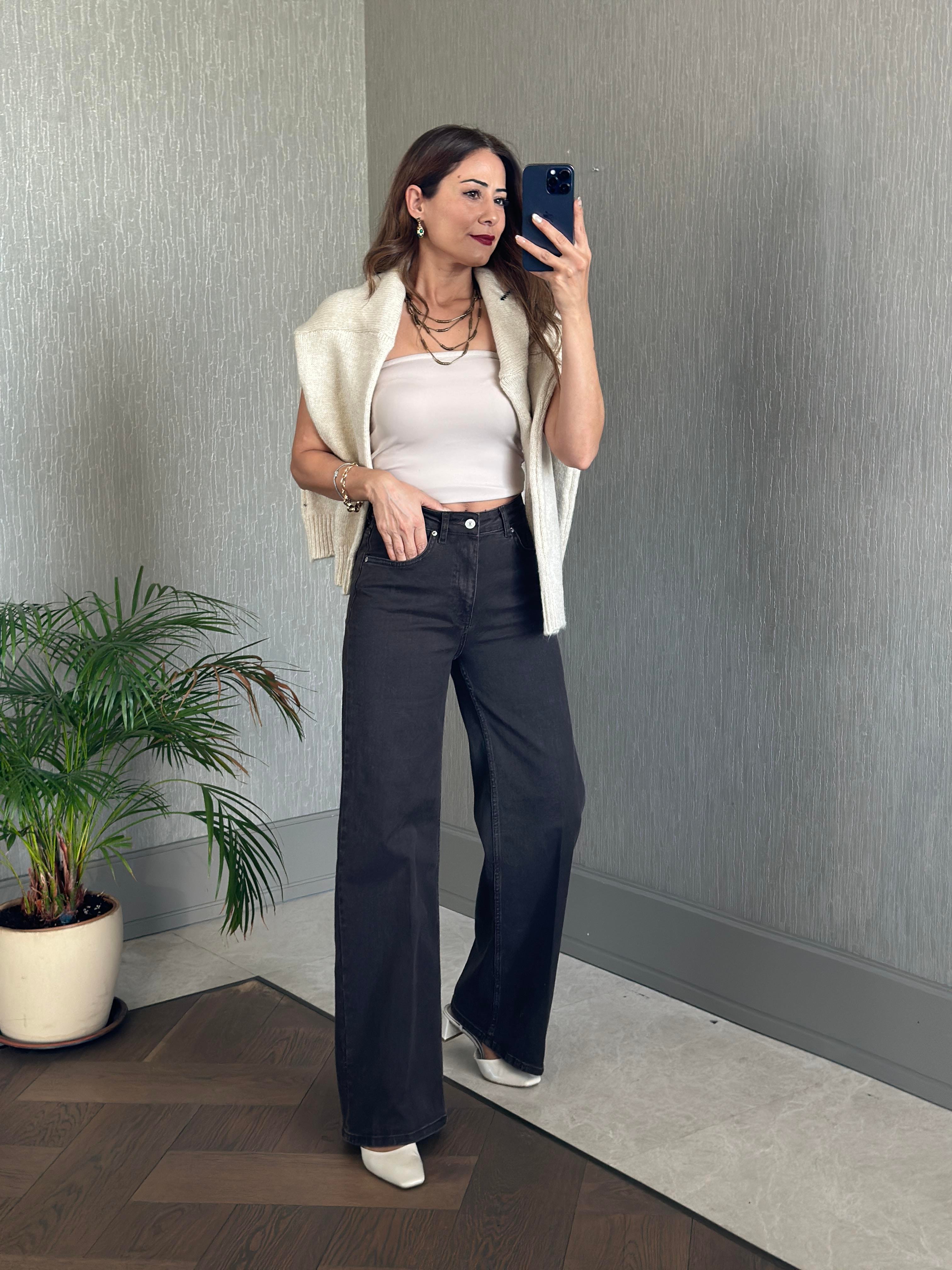 Kahverengi Yıkamalı Karol Wide Leg Likralı Kadın Jean Pantolon