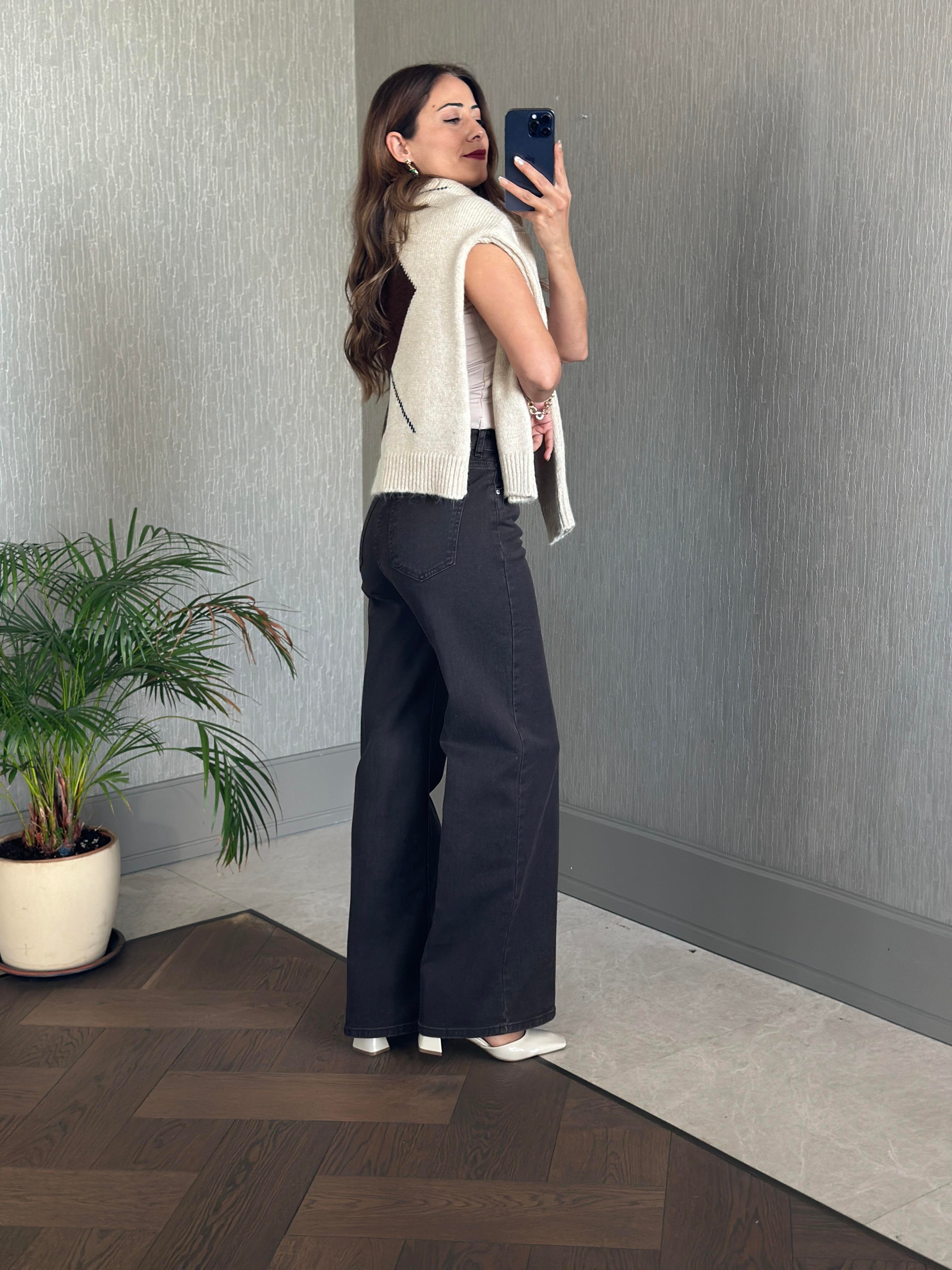 Kahverengi Yıkamalı Karol Wide Leg Likralı Kadın Jean Pantolon
