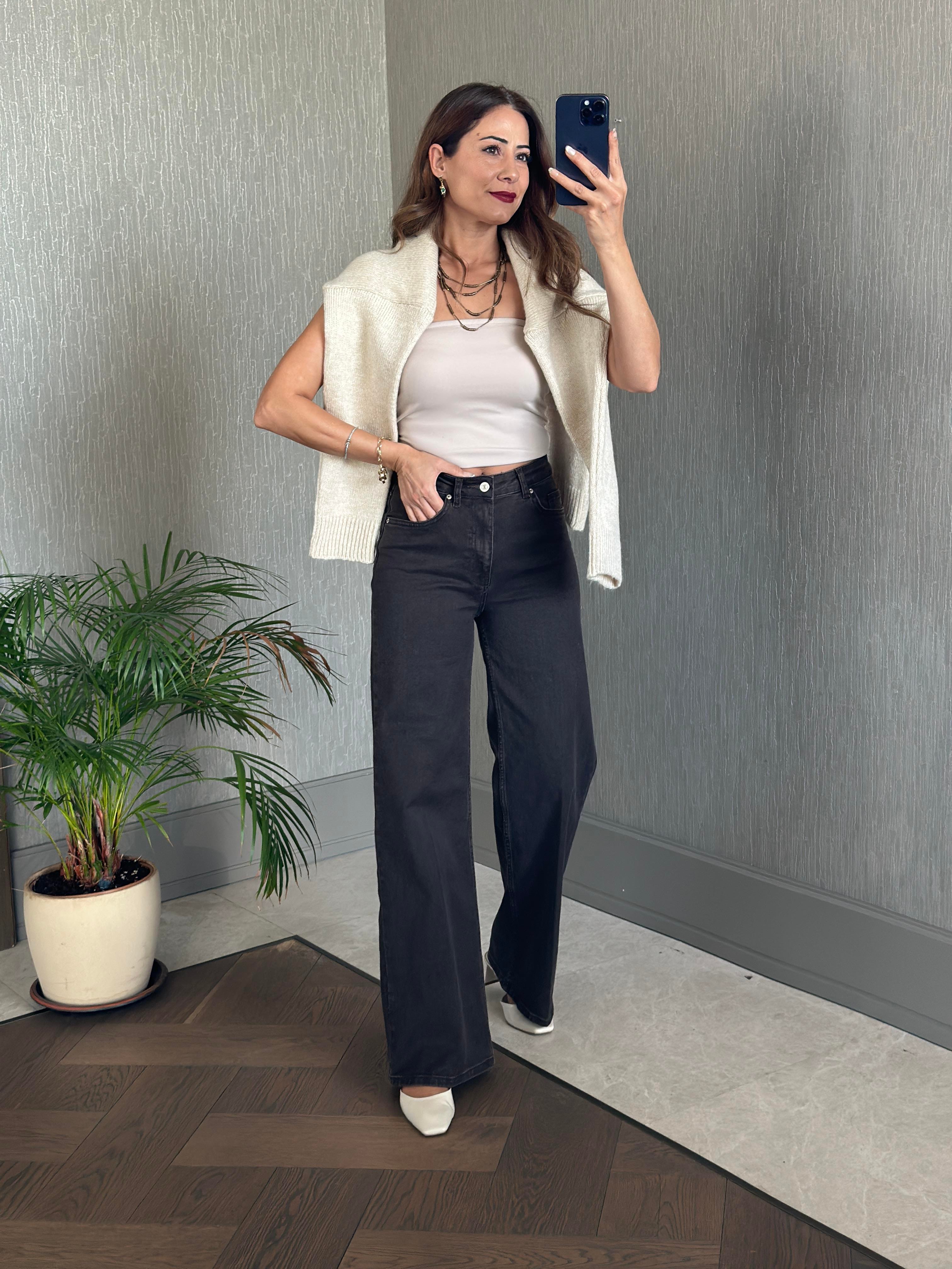 Kahverengi Yıkamalı Karol Wide Leg Likralı Kadın Jean Pantolon