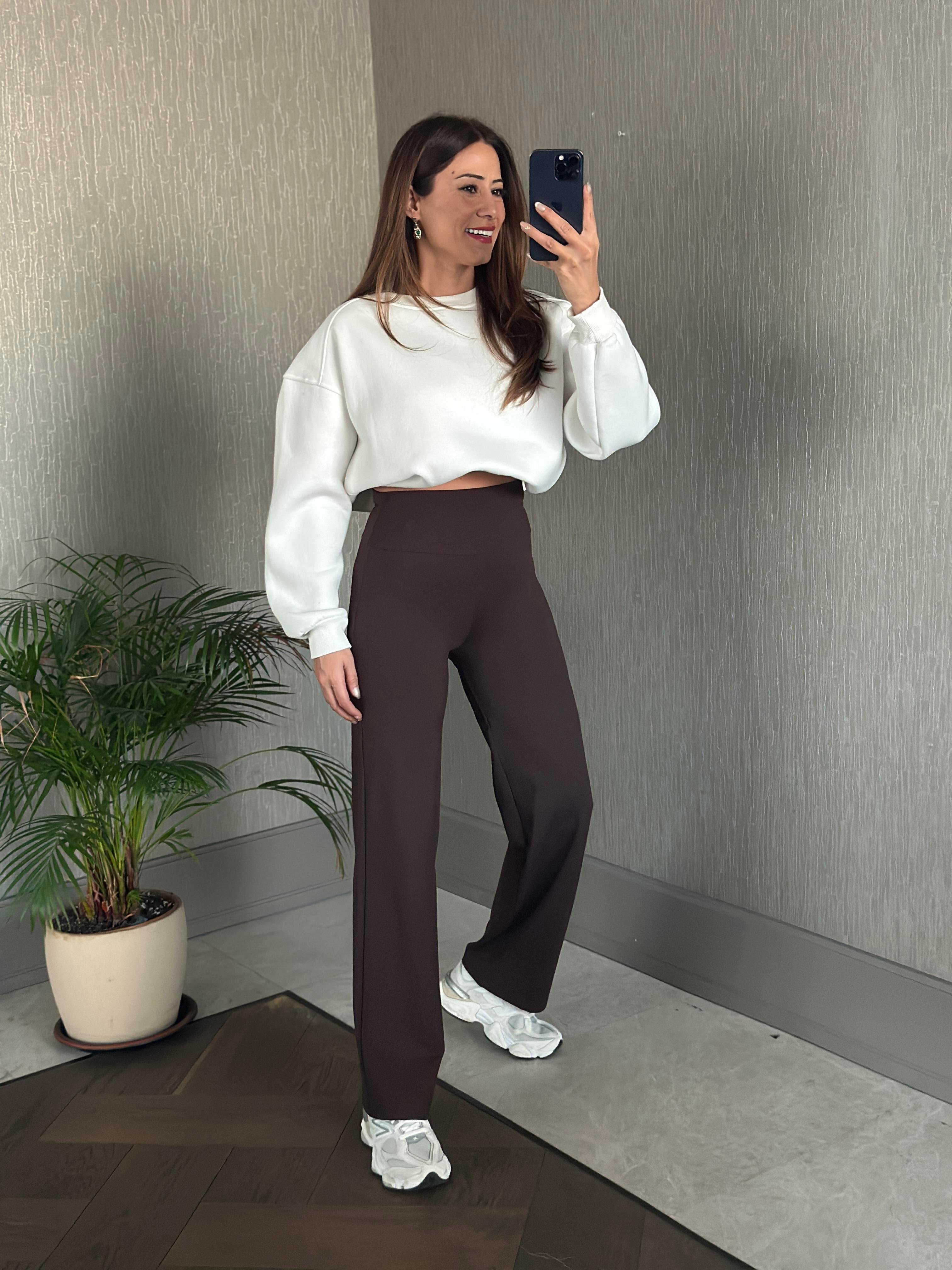 Kahverengi Yüksek Bel Cepsiz Kadın Yürüyüş Pantolon