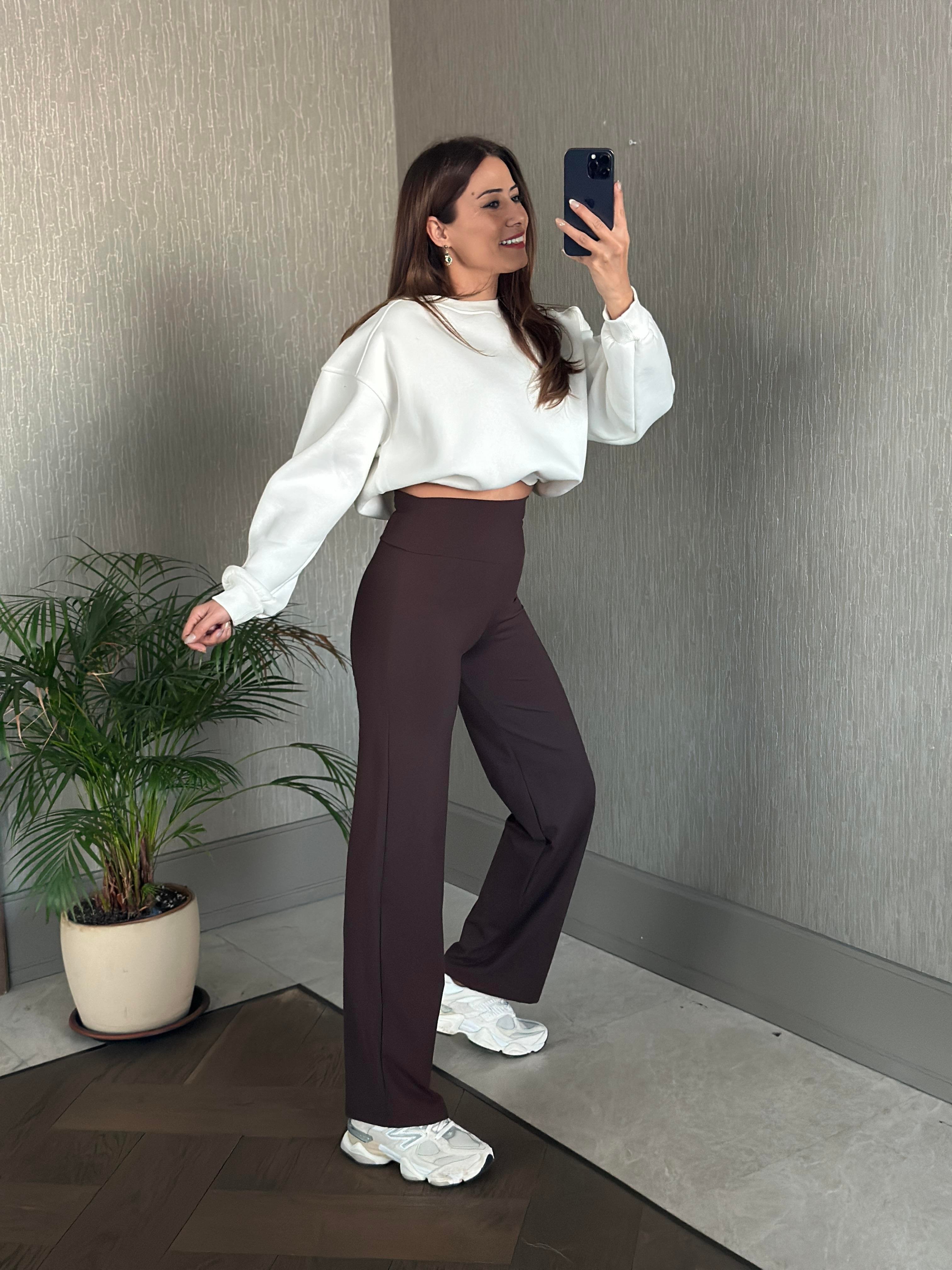 Kahverengi Yüksek Bel Cepsiz Kadın Yürüyüş Pantolon