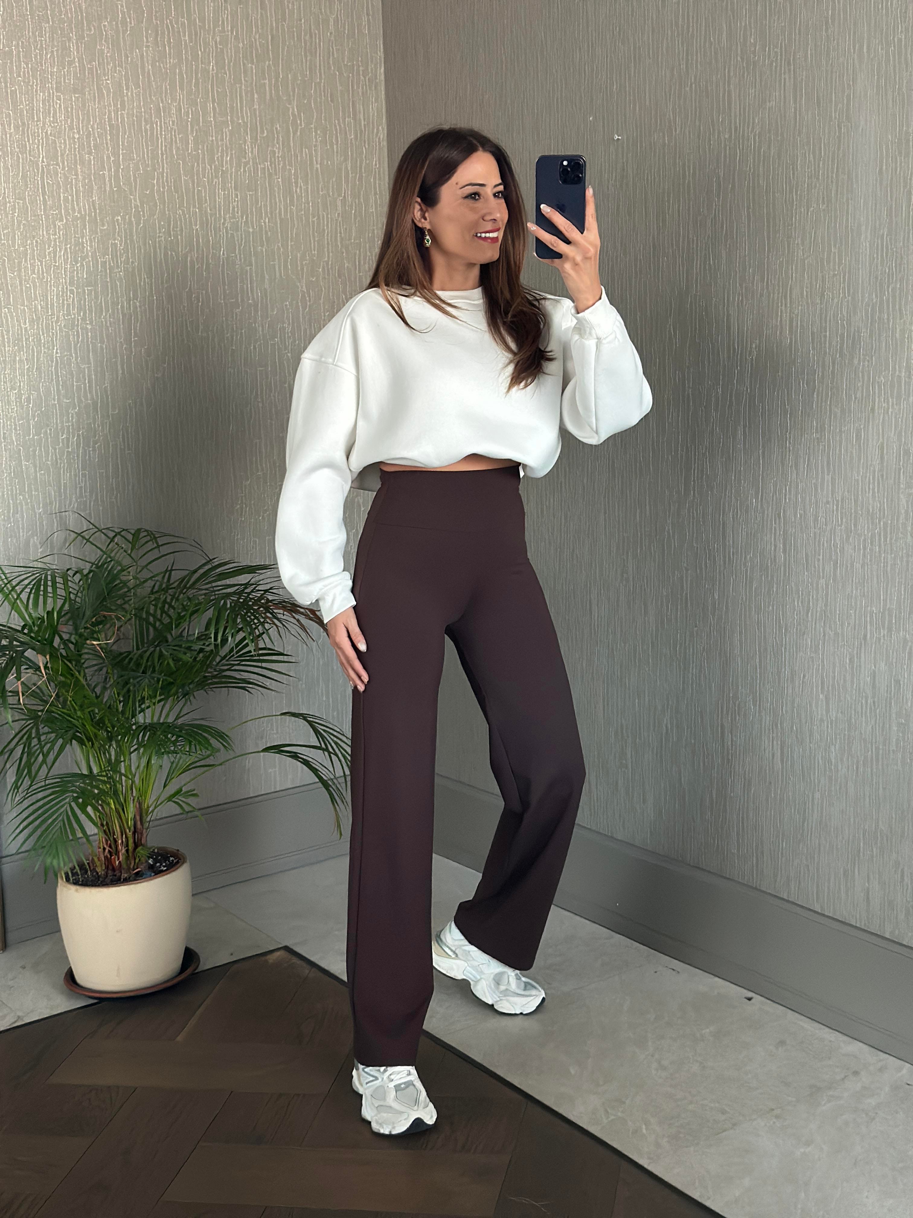 Kahverengi Yüksek Bel Cepsiz Kadın Yürüyüş Pantolon