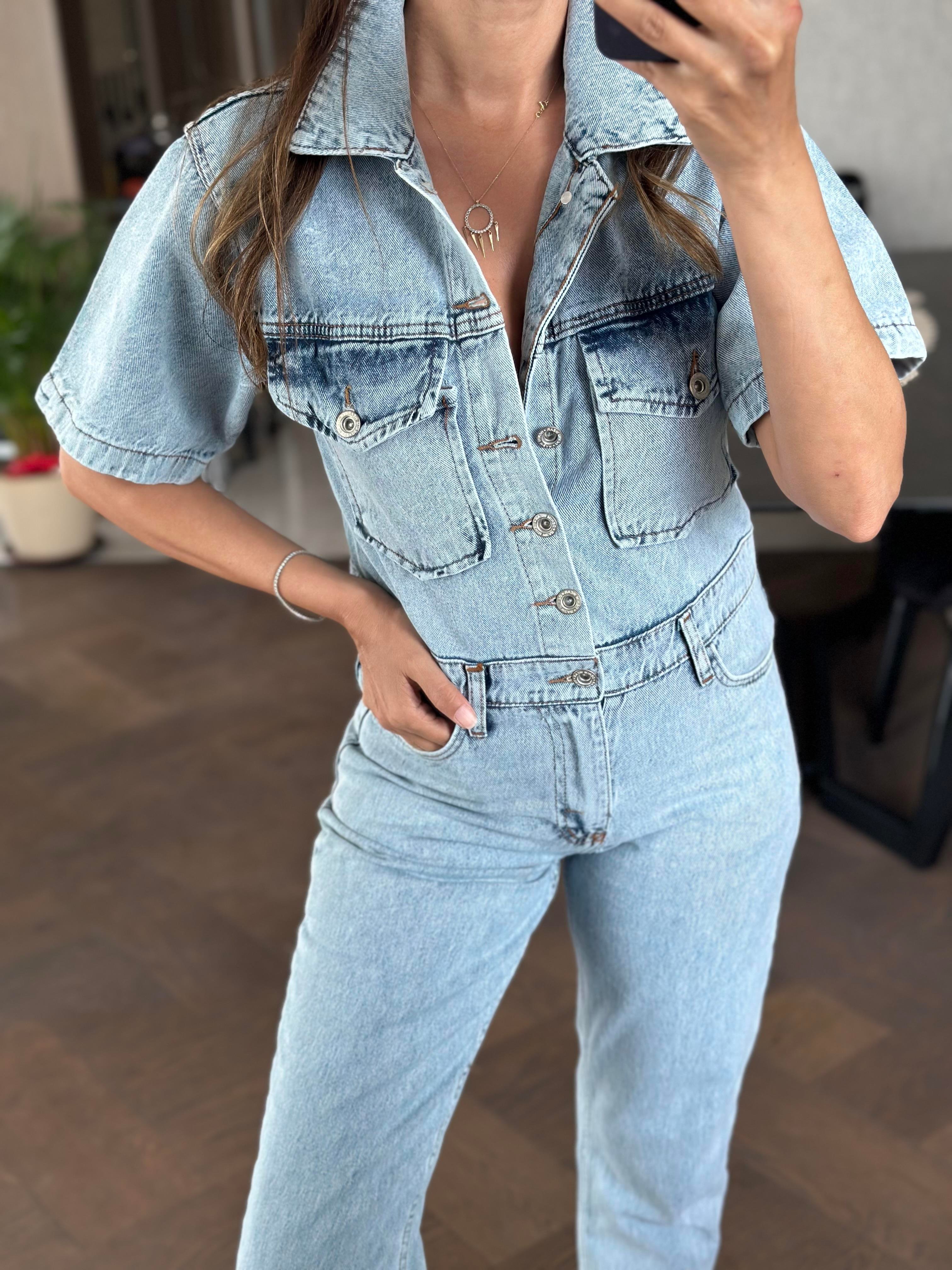 Kar Yıkama Önü Fermuarlı Kısa Kol Mom Kadın Jean Tulum