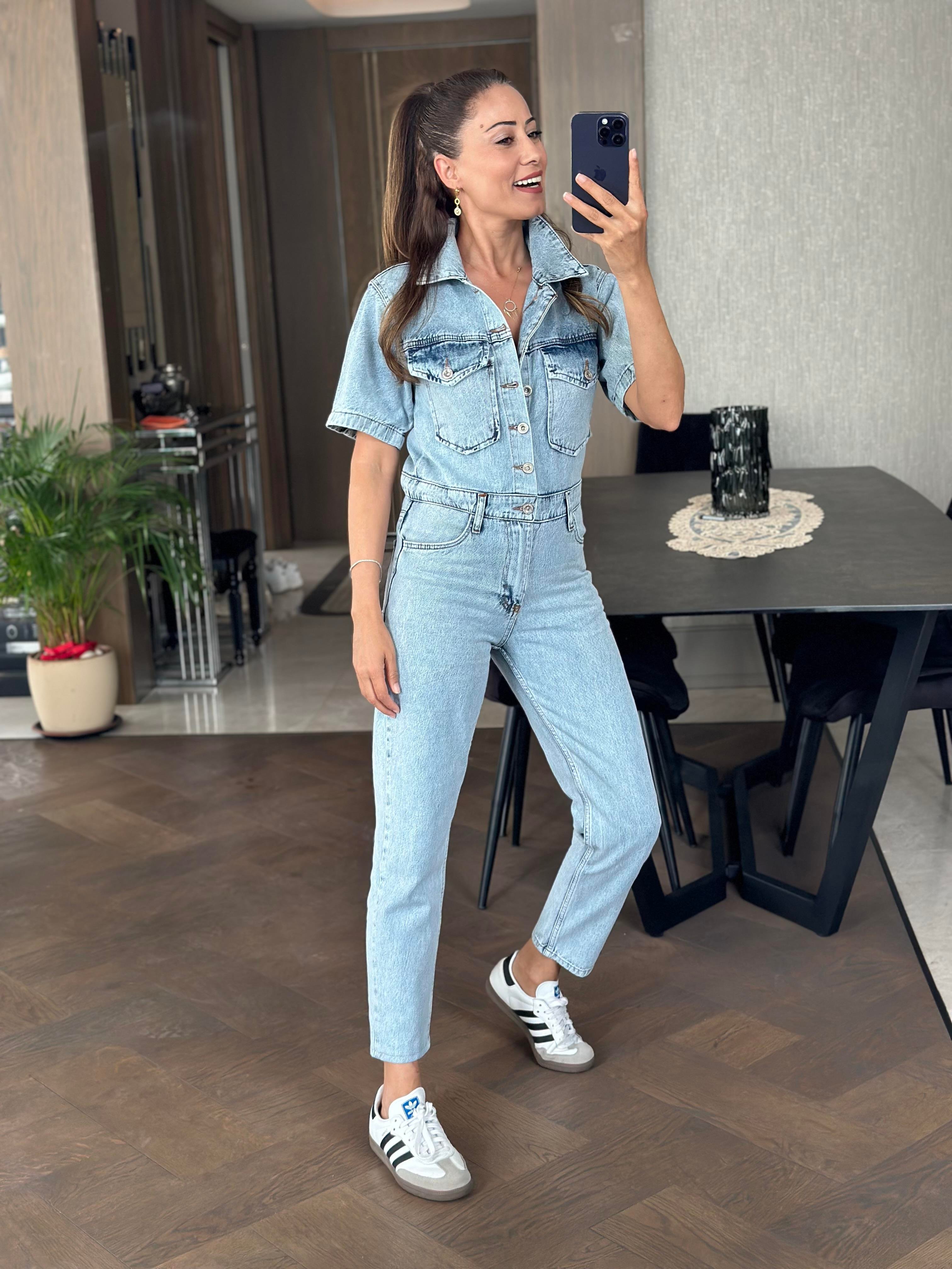 Kar Yıkama Önü Fermuarlı Kısa Kol Mom Kadın Jean Tulum