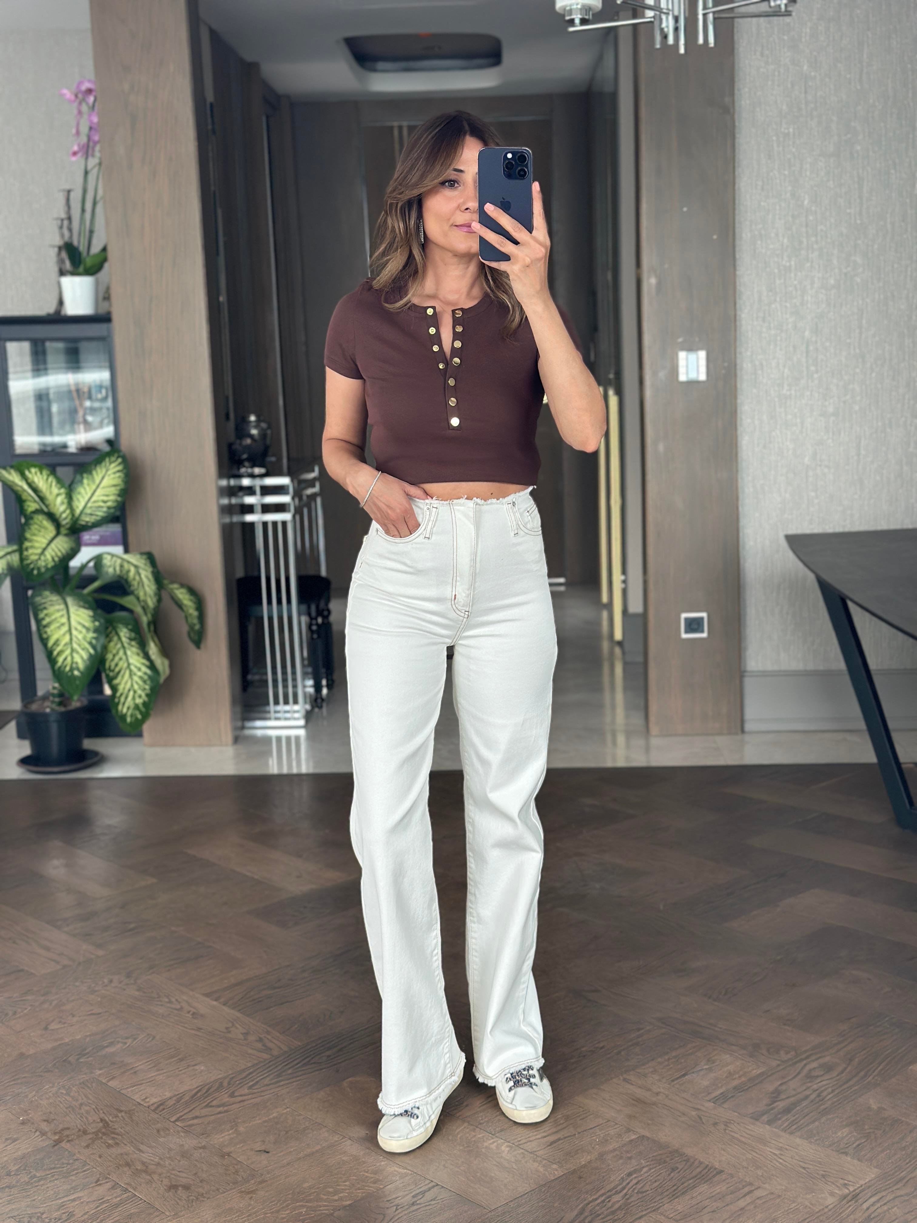 Kemik Beli Ve Paçası Kesik Wide Leg Kadın Jean Pantolon