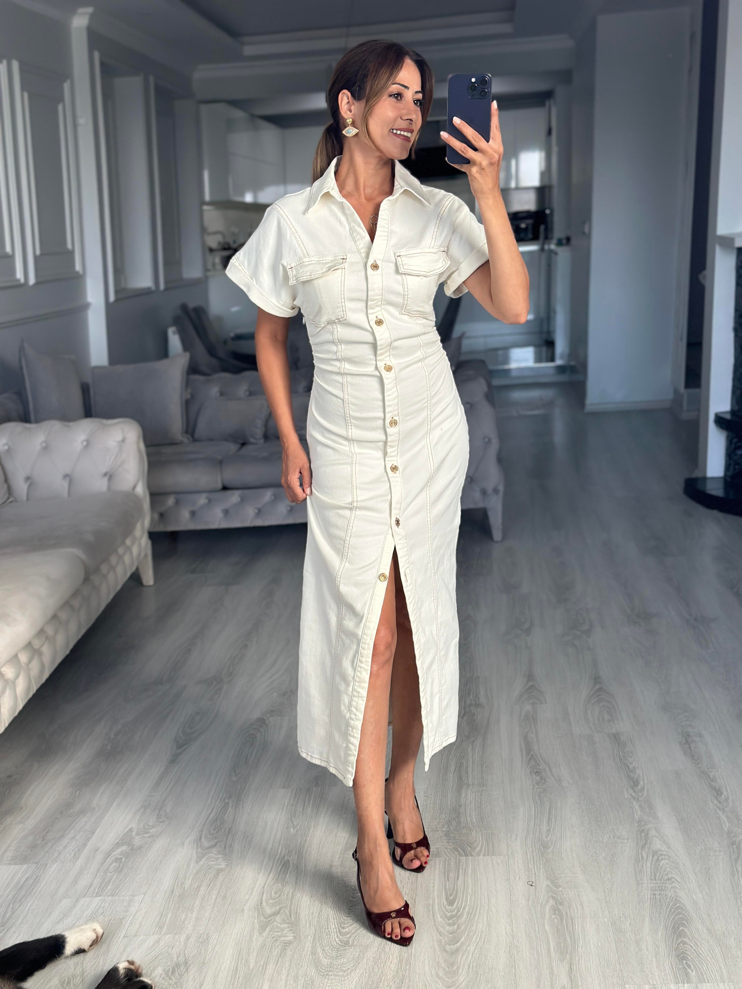 Kemik Gold Düğmeli Kısa Kol Midi Boy Kadın Jean Elbise