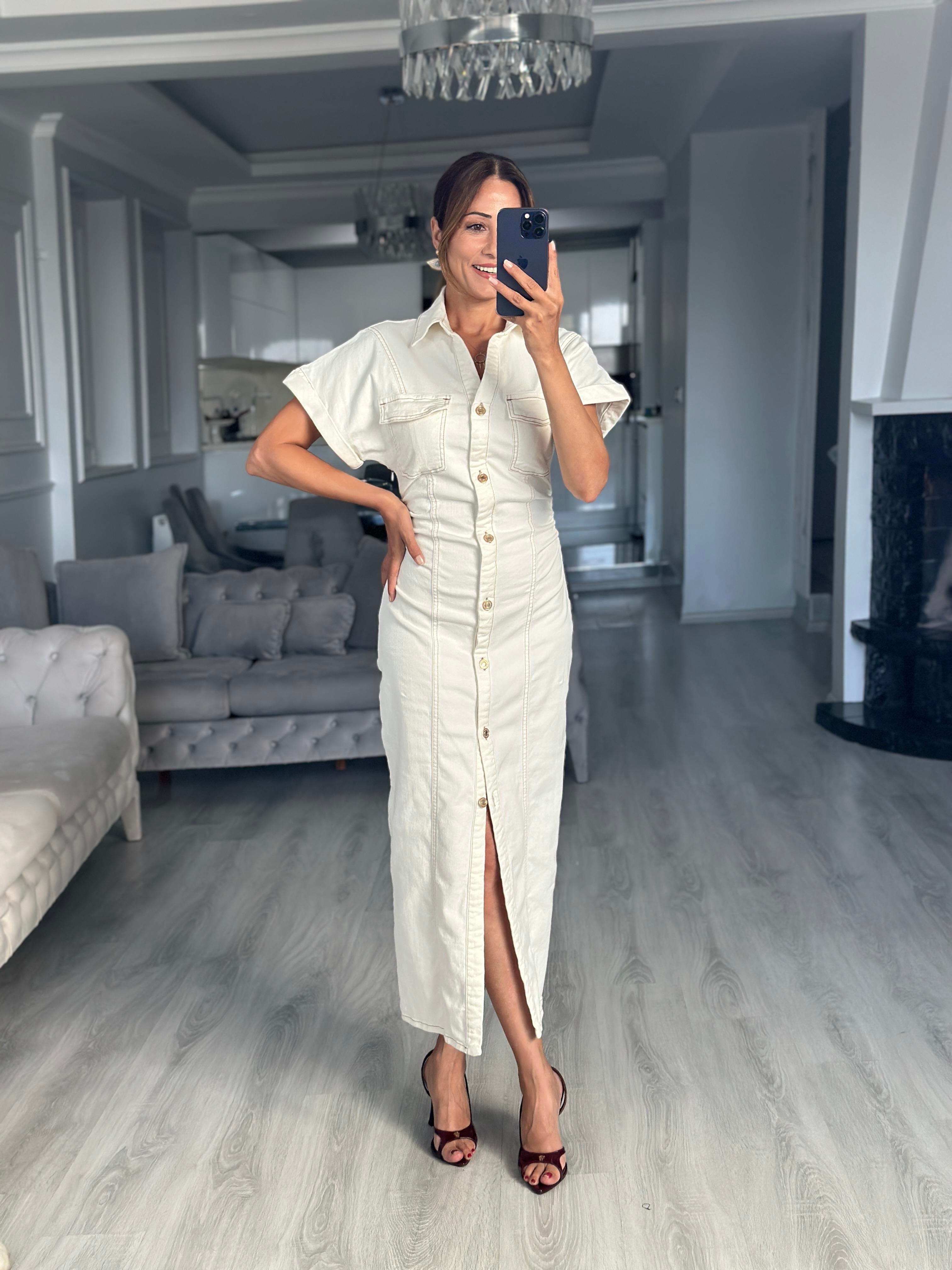 Kemik Gold Düğmeli Kısa Kol Midi Boy Kadın Jean Elbise