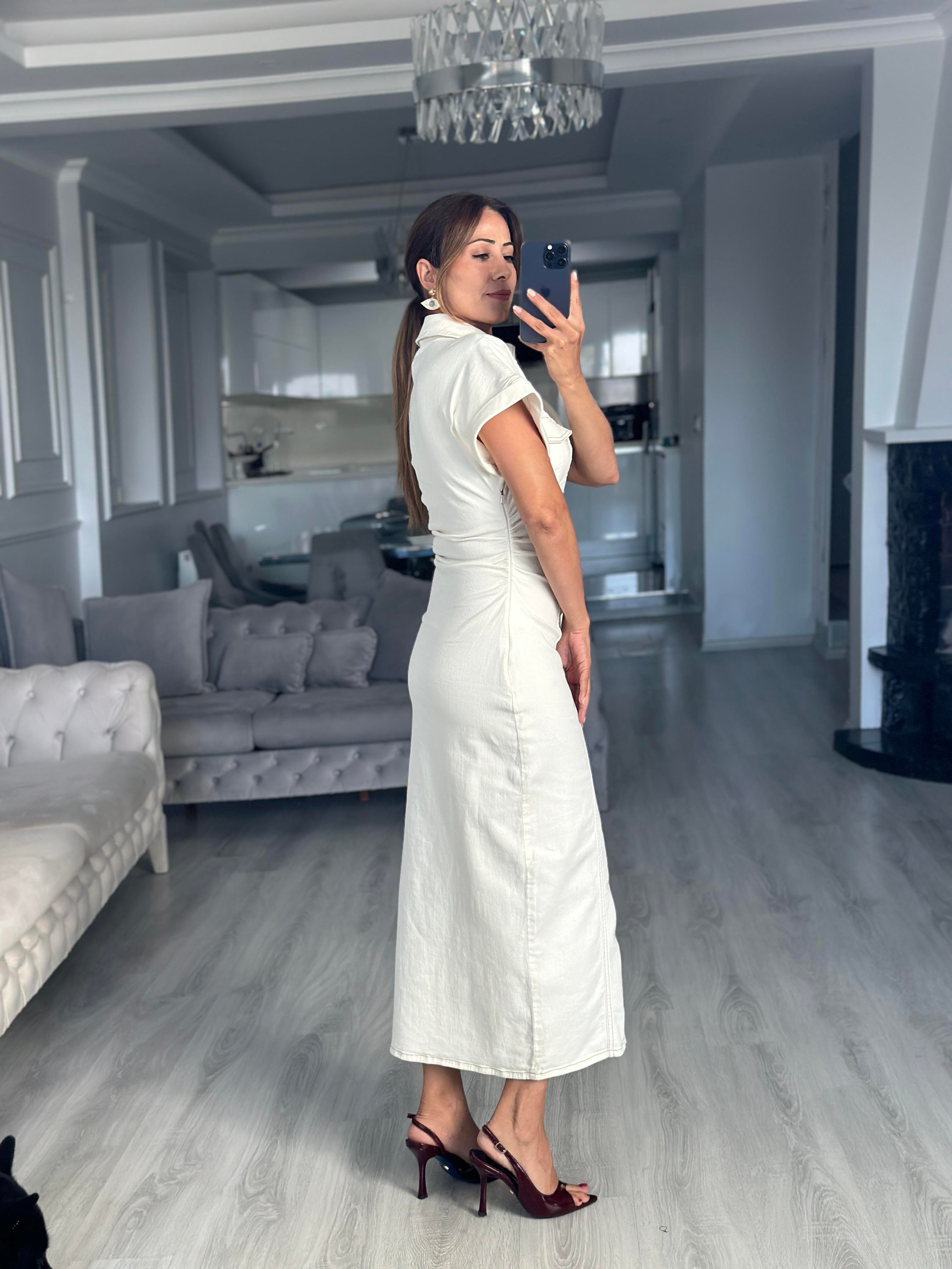 Kemik Gold Düğmeli Kısa Kol Midi Boy Kadın Jean Elbise