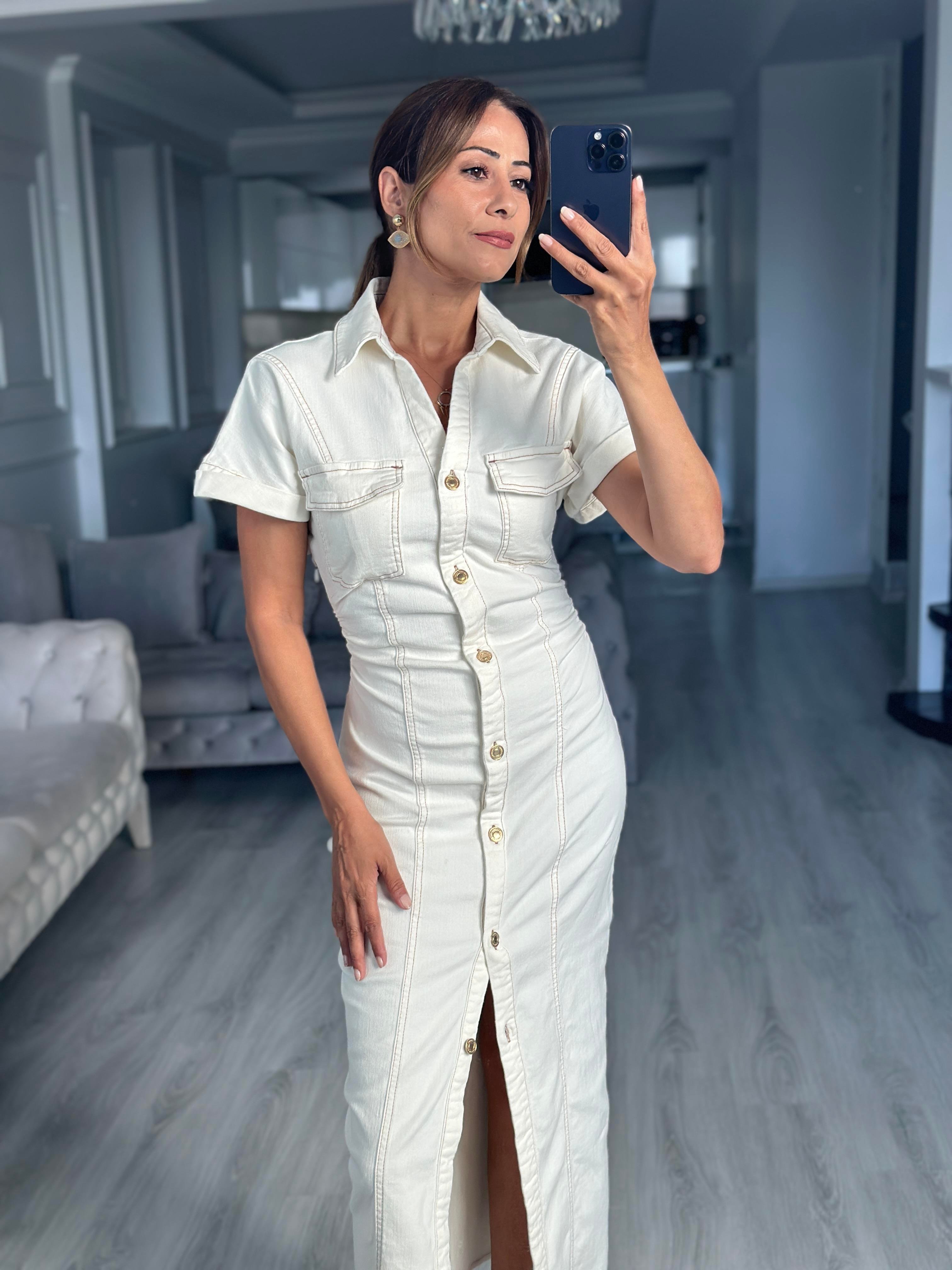 Kemik Gold Düğmeli Kısa Kol Midi Boy Kadın Jean Elbise