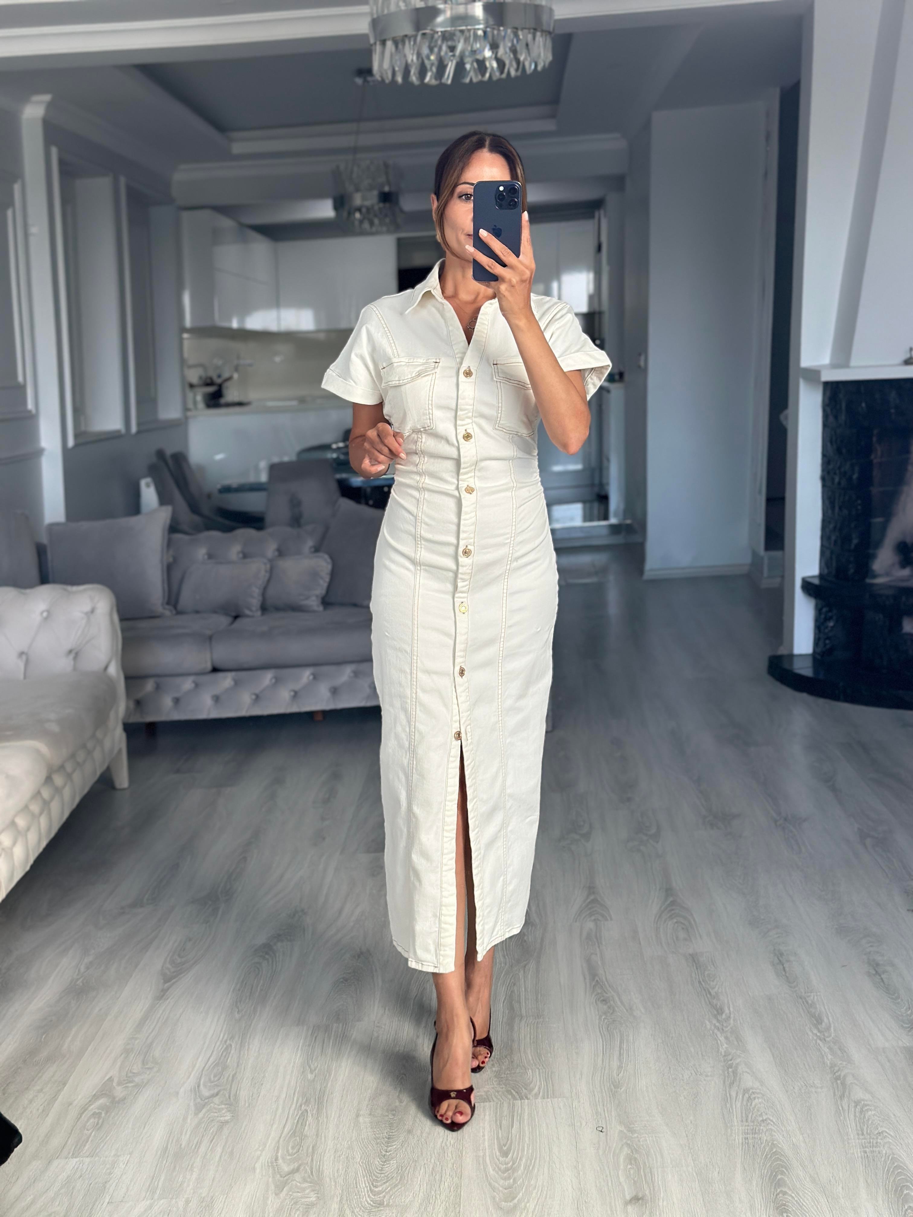 Kemik Gold Düğmeli Kısa Kol Midi Boy Kadın Jean Elbise