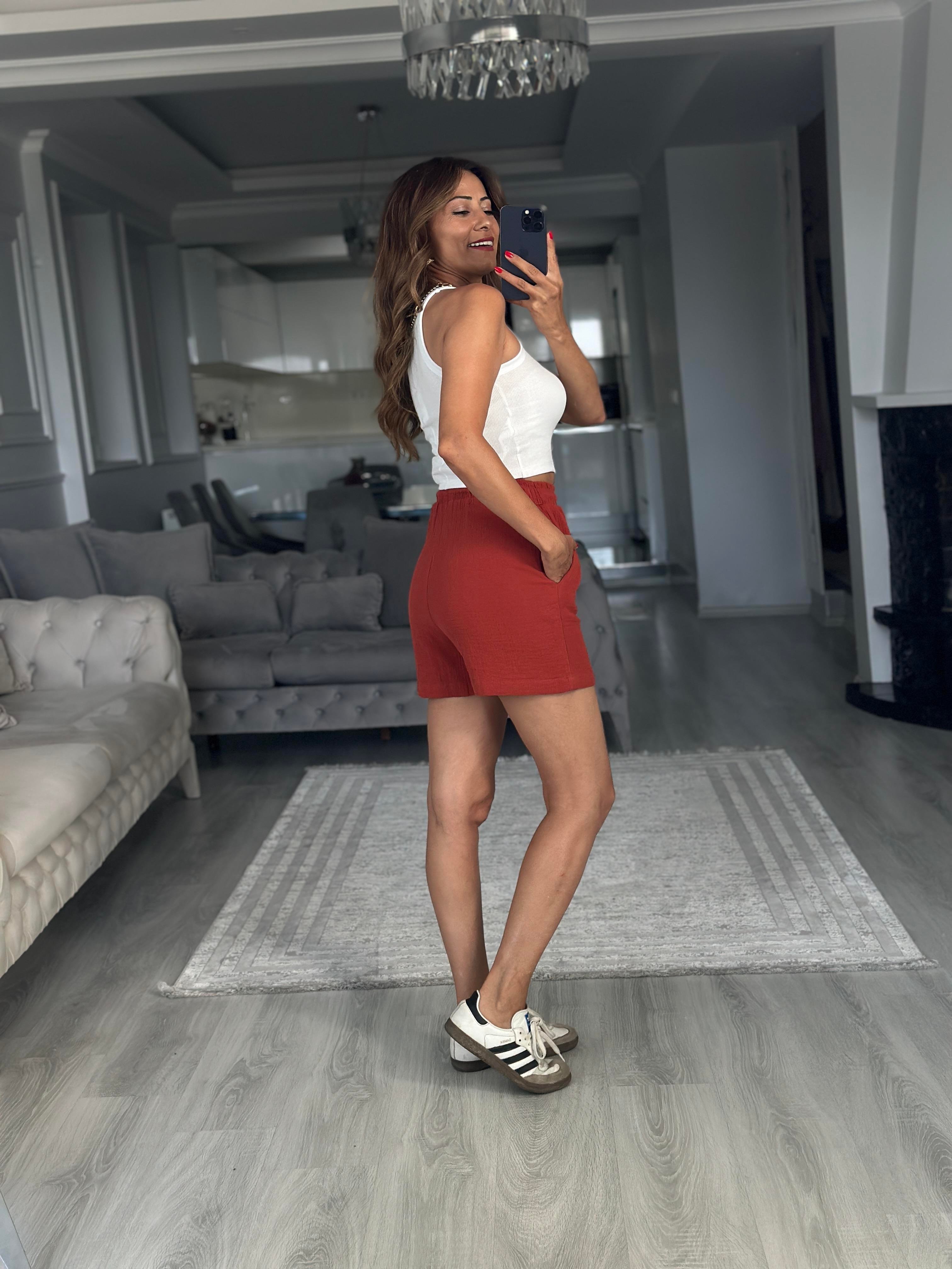 Kiremit Beli Lastikli Müslin Kumaş Kadın Şort