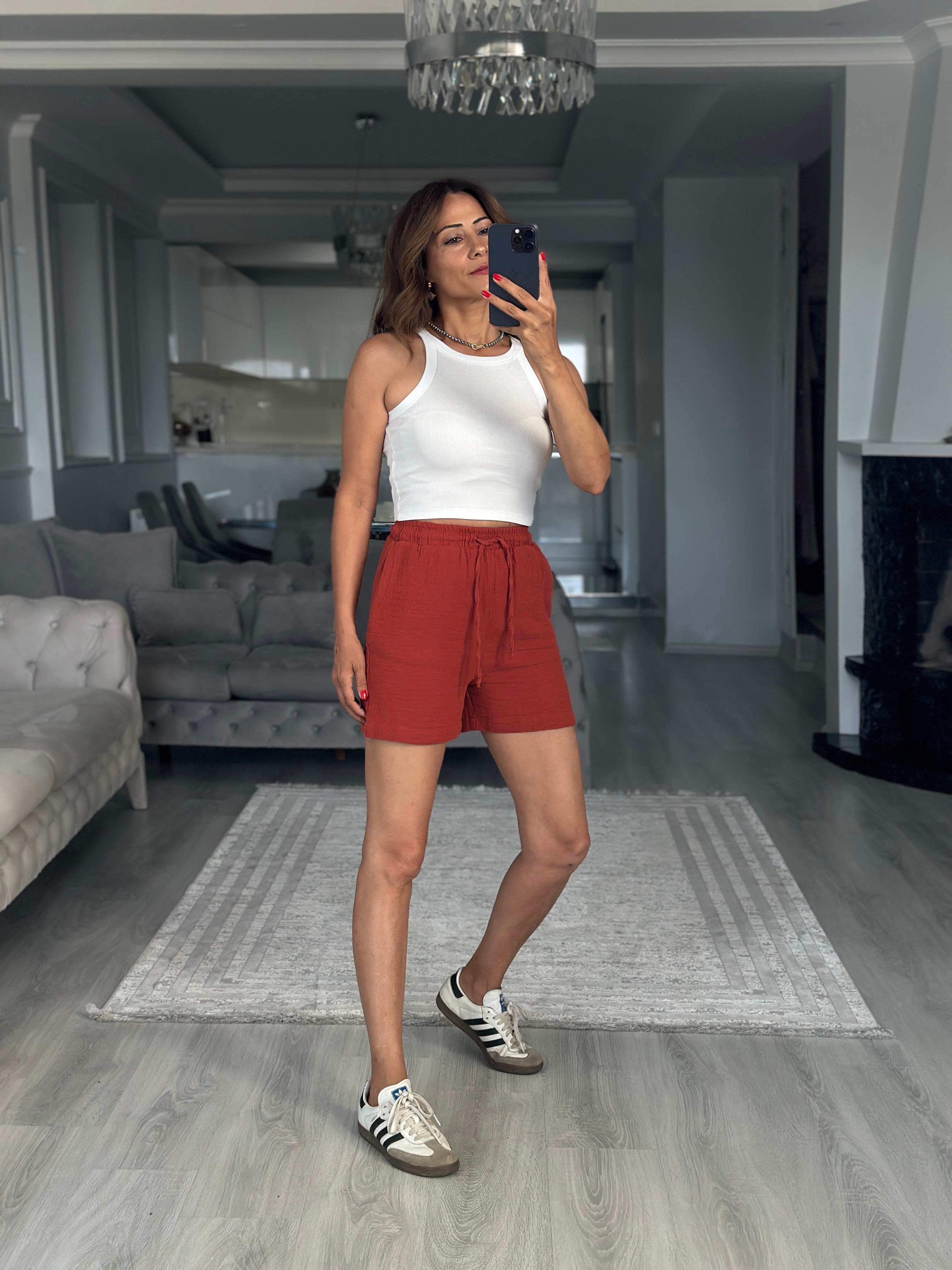 Kiremit Beli Lastikli Müslin Kumaş Kadın Şort