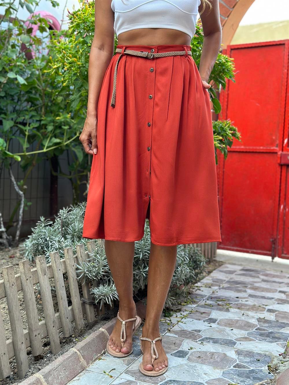 Kiremit Cepli Kemerli Arka Bel Lastikli Midi Boy Kadın Etek