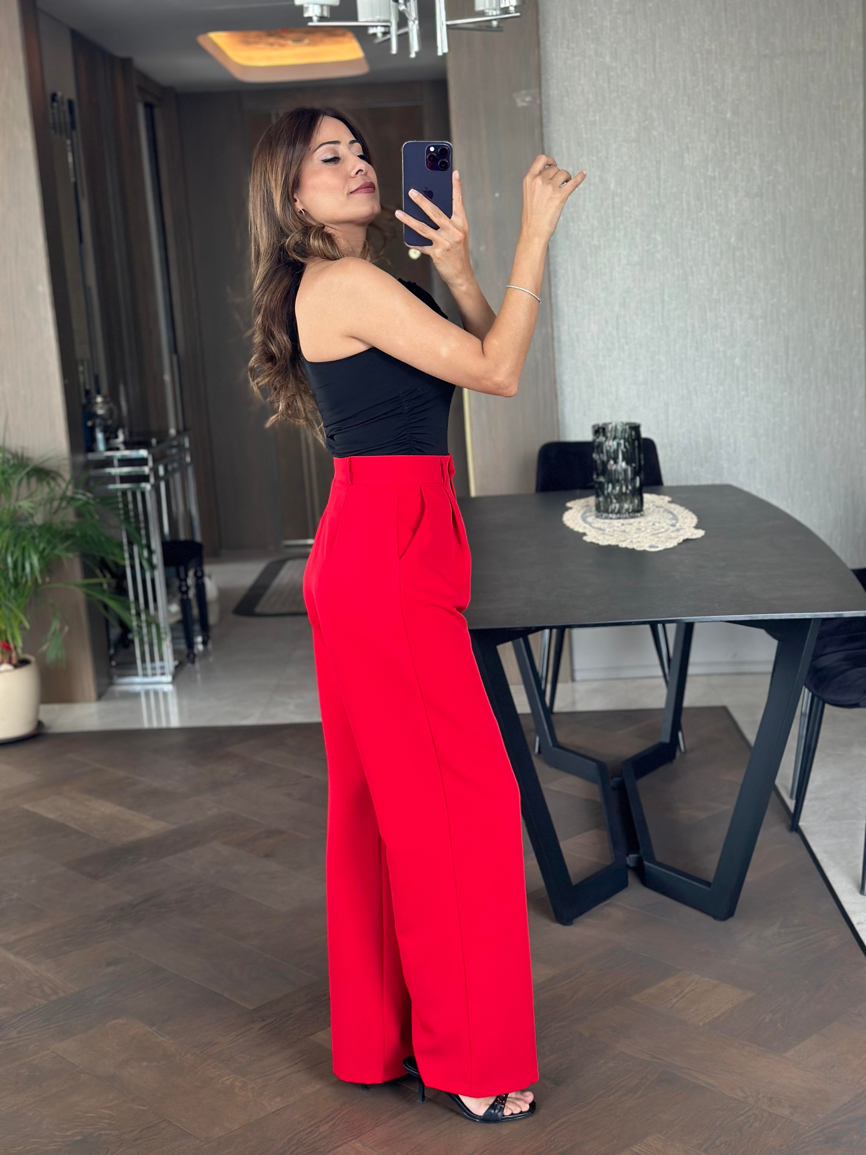 Kırmızı Atlas Kumaş Orjinal Marka Palazzo Kadın Pantolon