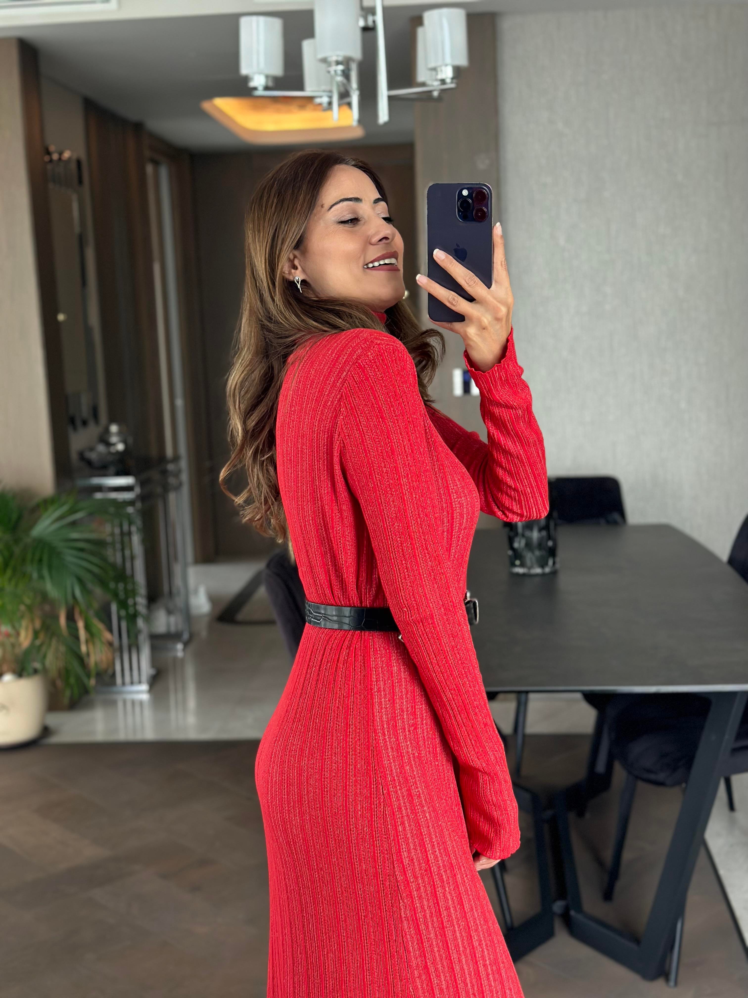 Kırmızı Balıkçı Yaka Çizgi Desen Maksiboy Kadın Elbise