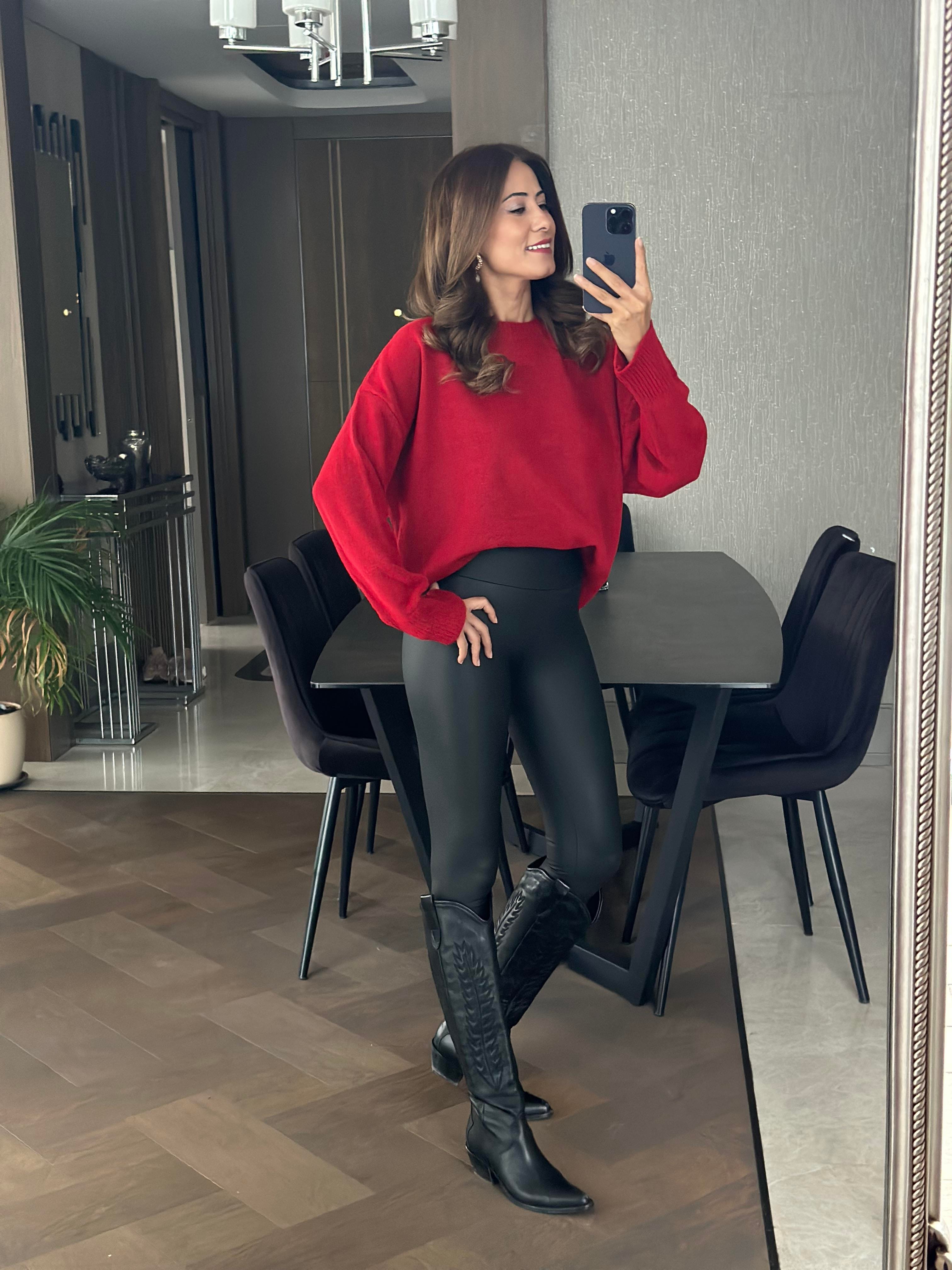 Kırmızı Bisiklet Yaka Oversize  Kadın Triko Kazak