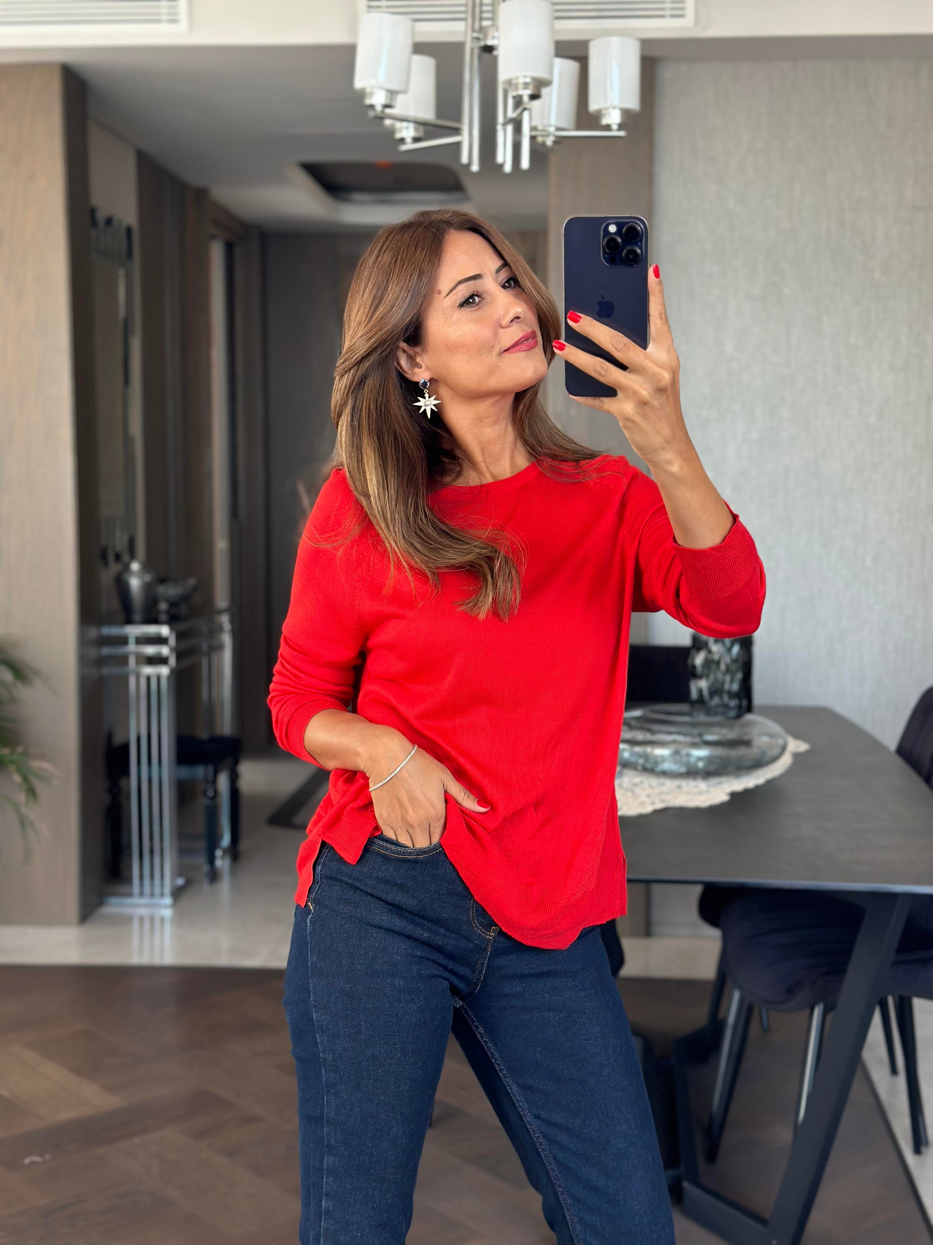 Kırmızı Bisiklet Yaka Uzun Kol Dlvn Düz Merserize Kadın Bluz