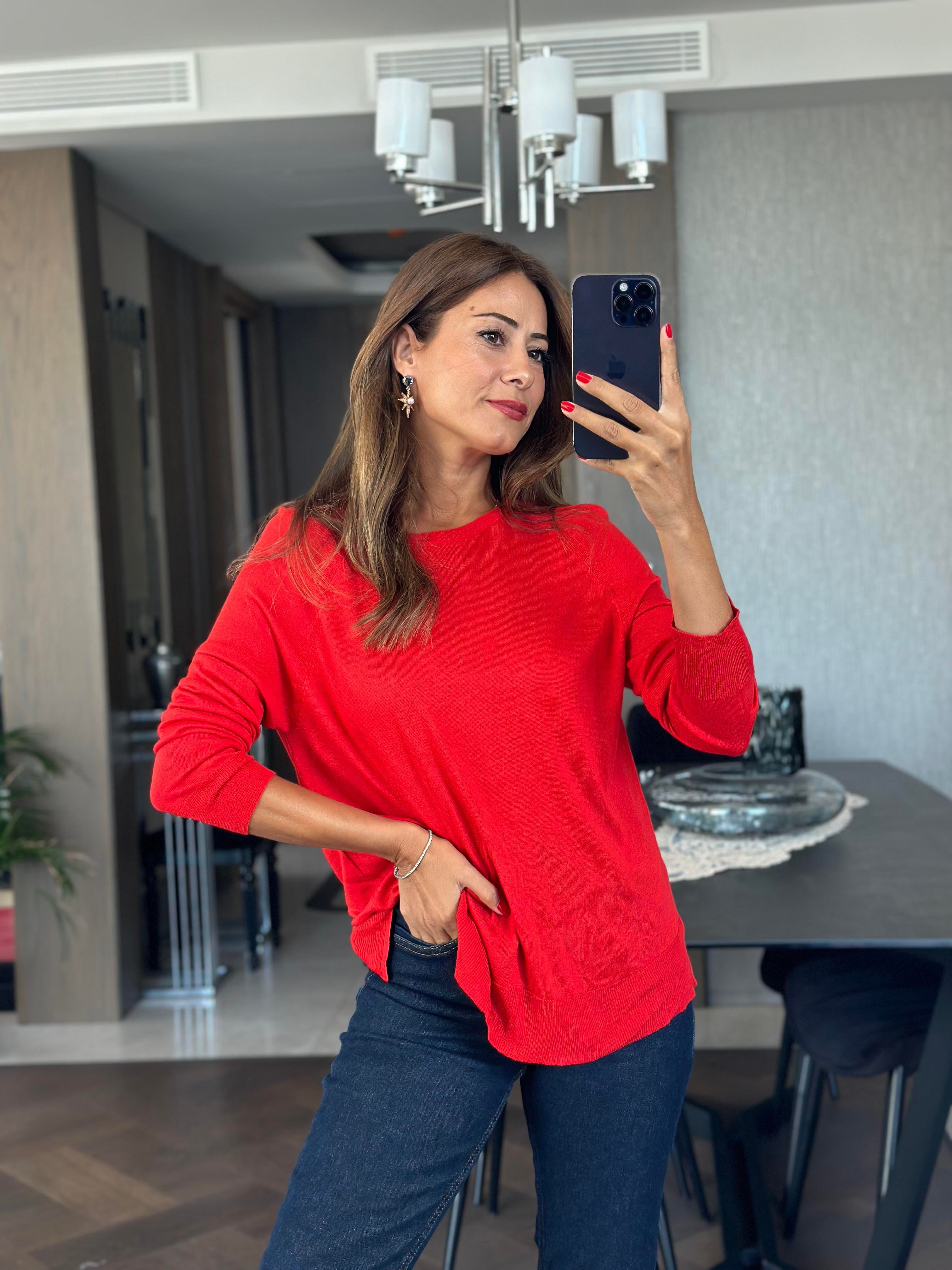 Kırmızı Bisiklet Yaka Uzun Kol Dlvn Düz Merserize Kadın Bluz