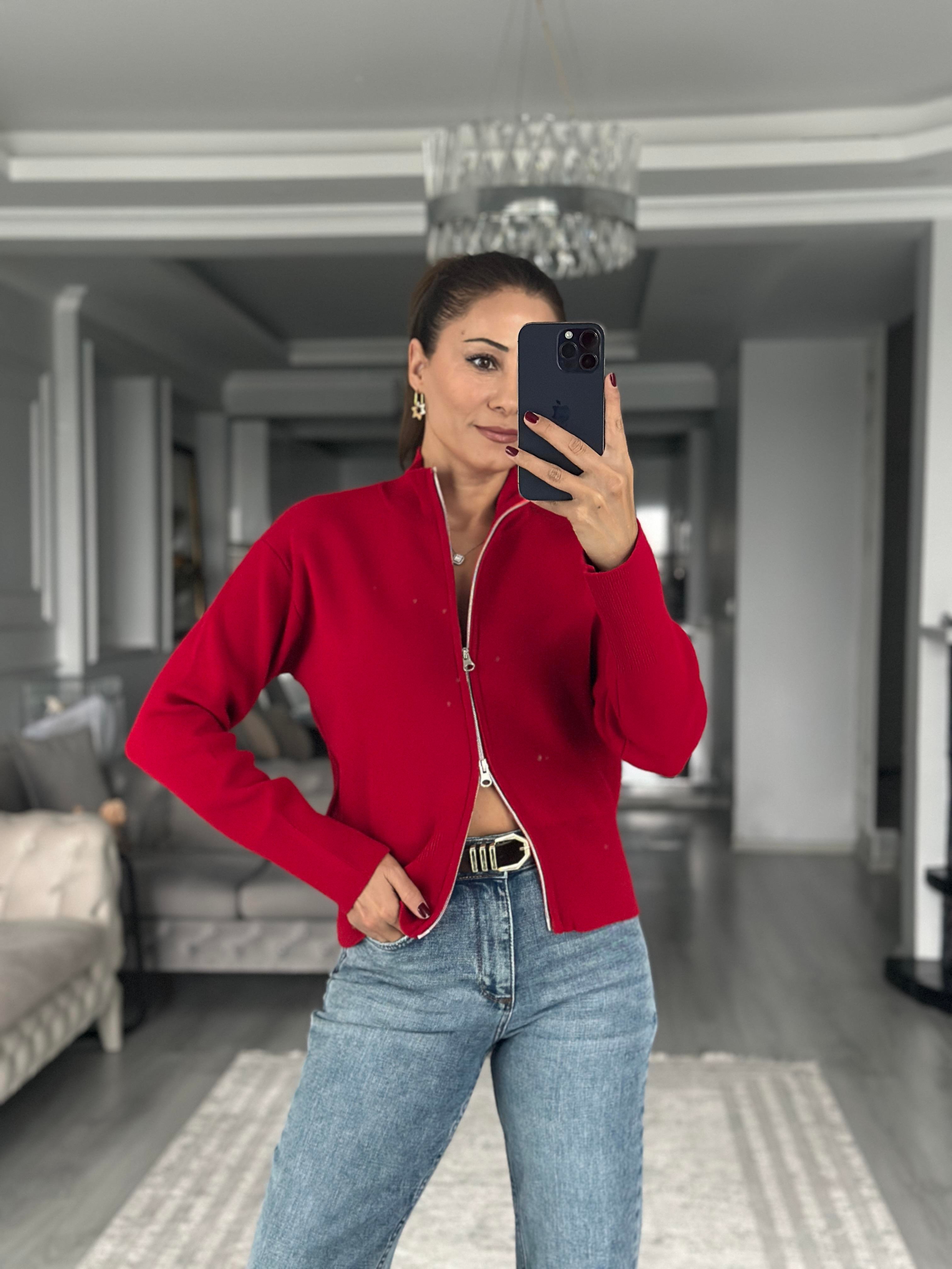 Kırmızı Dik Yaka Çift Taraf Fermuarlı Triko Hırka
