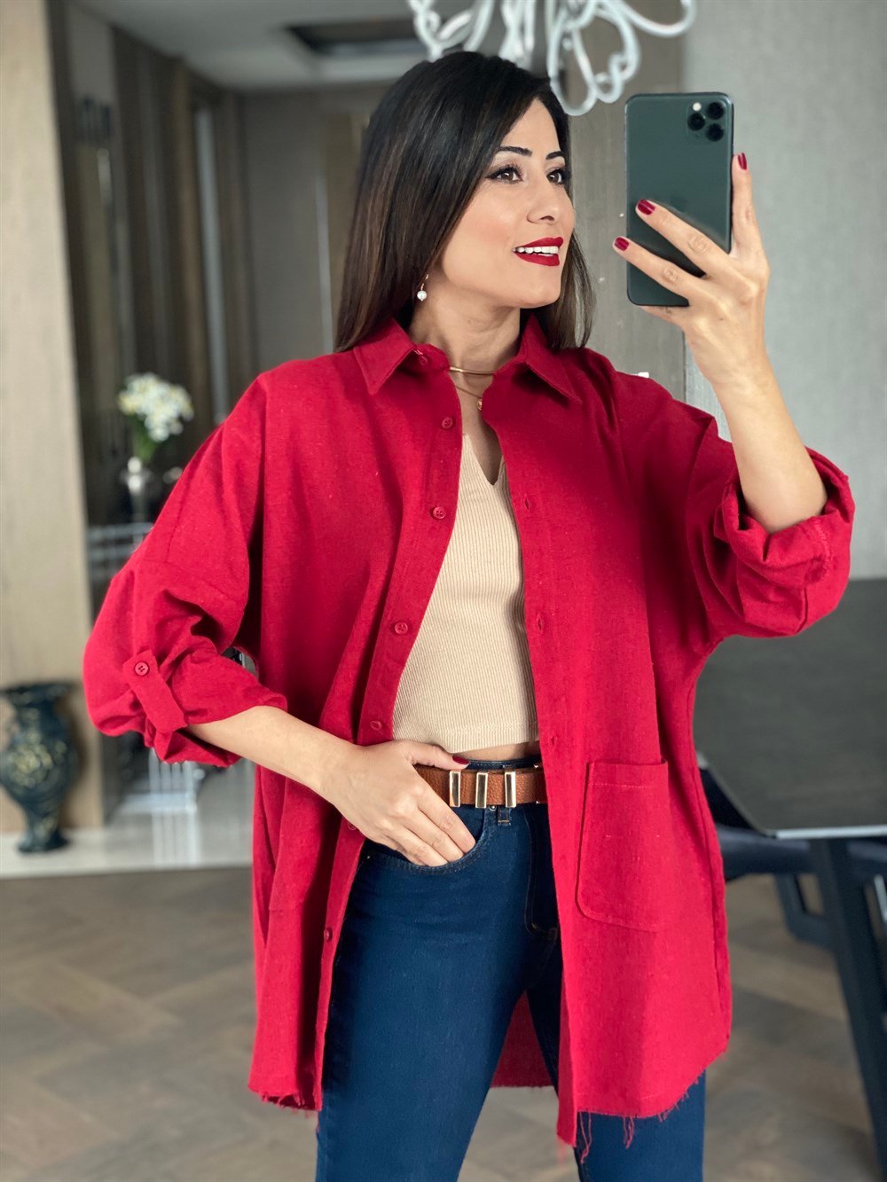 Kırmızı Ham Keten Oversize Gömlek