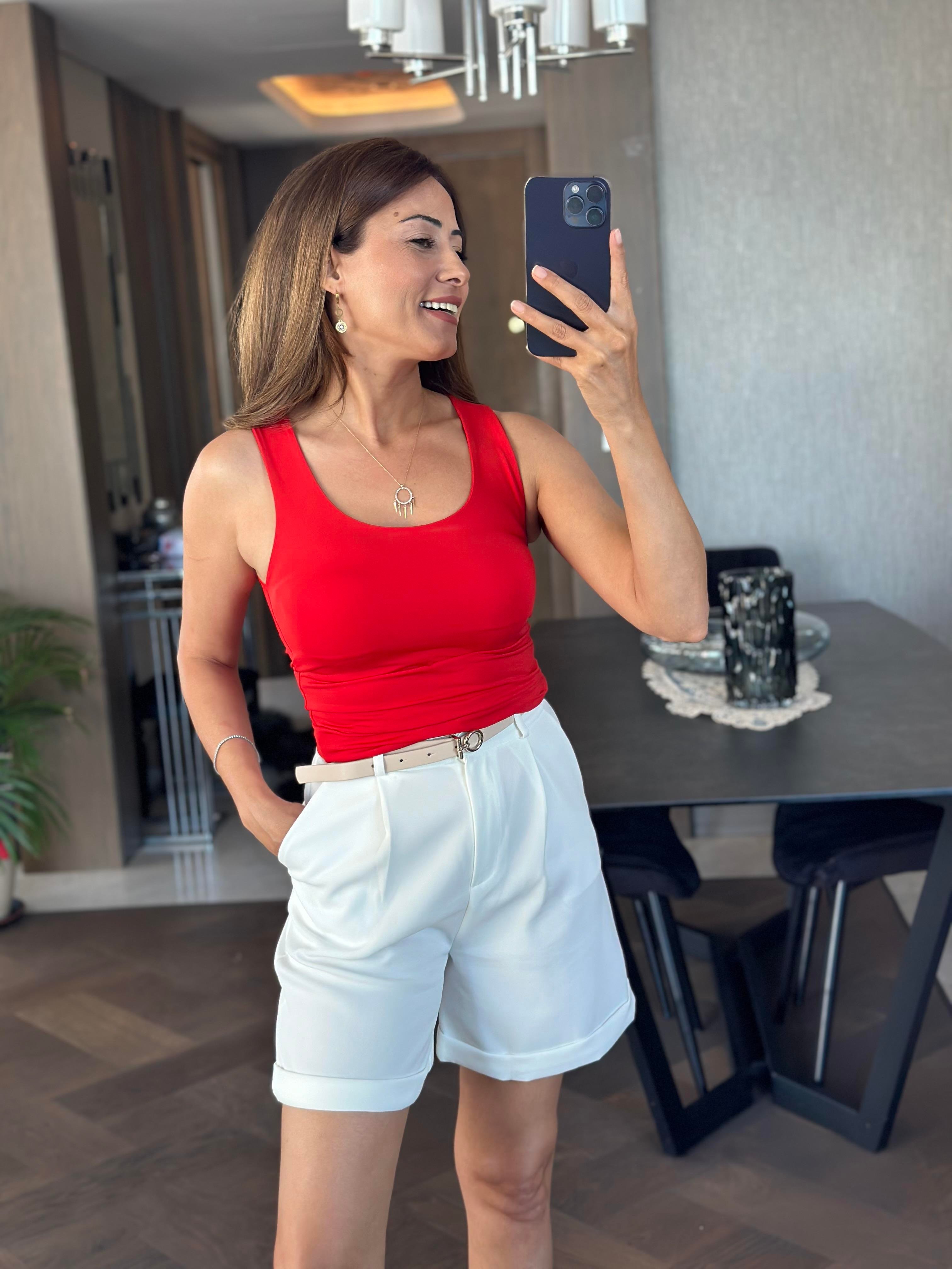 Kırmızı Karol Kalın Askılı U Yaka  Kadın Body