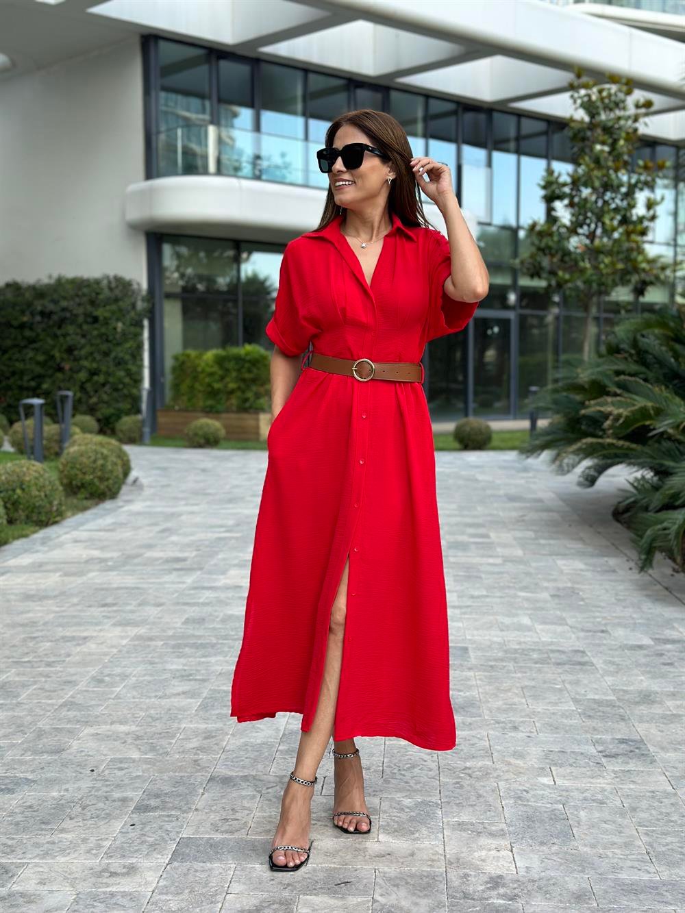 Kırmızı Ön Ve Arka Pileli Kısa Kol Kemerli Kadın Gömlek Elbise