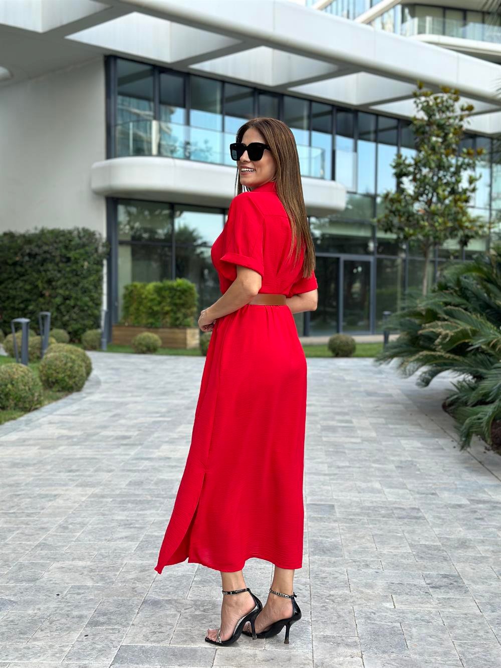 Kırmızı Ön Ve Arka Pileli Kısa Kol Kemerli Kadın Gömlek Elbise