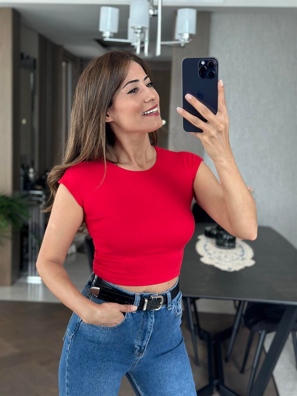 Kırmızı Sıfır Kol Modal Kadın Crop Body