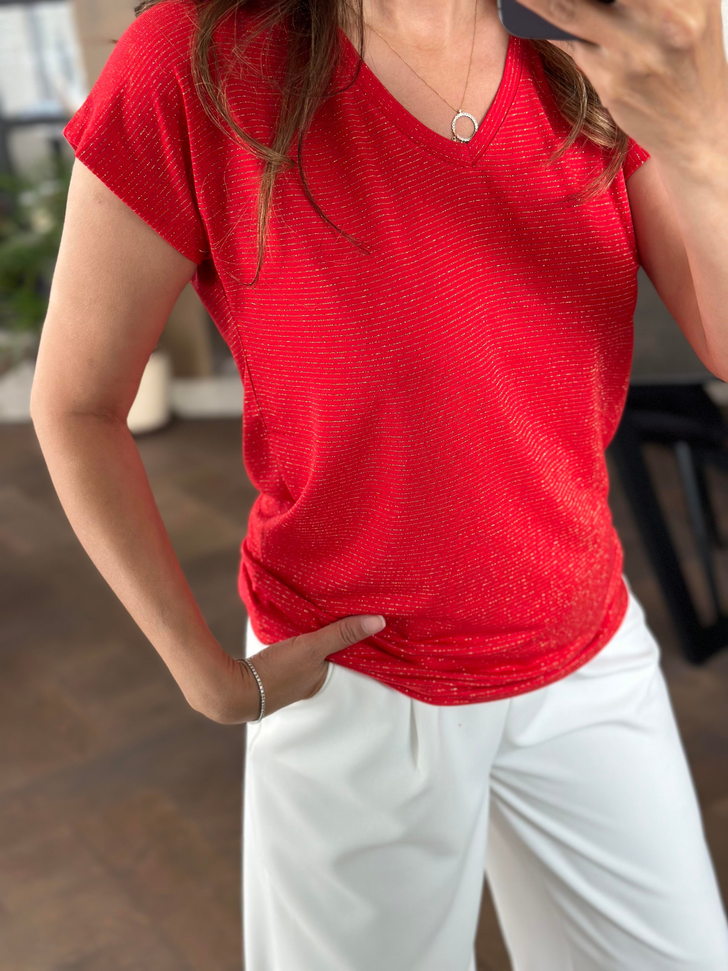 Kırmızı Sim Çizgili V Yaka Kısa Yarasa Kol Basic Kadın T-Shirt