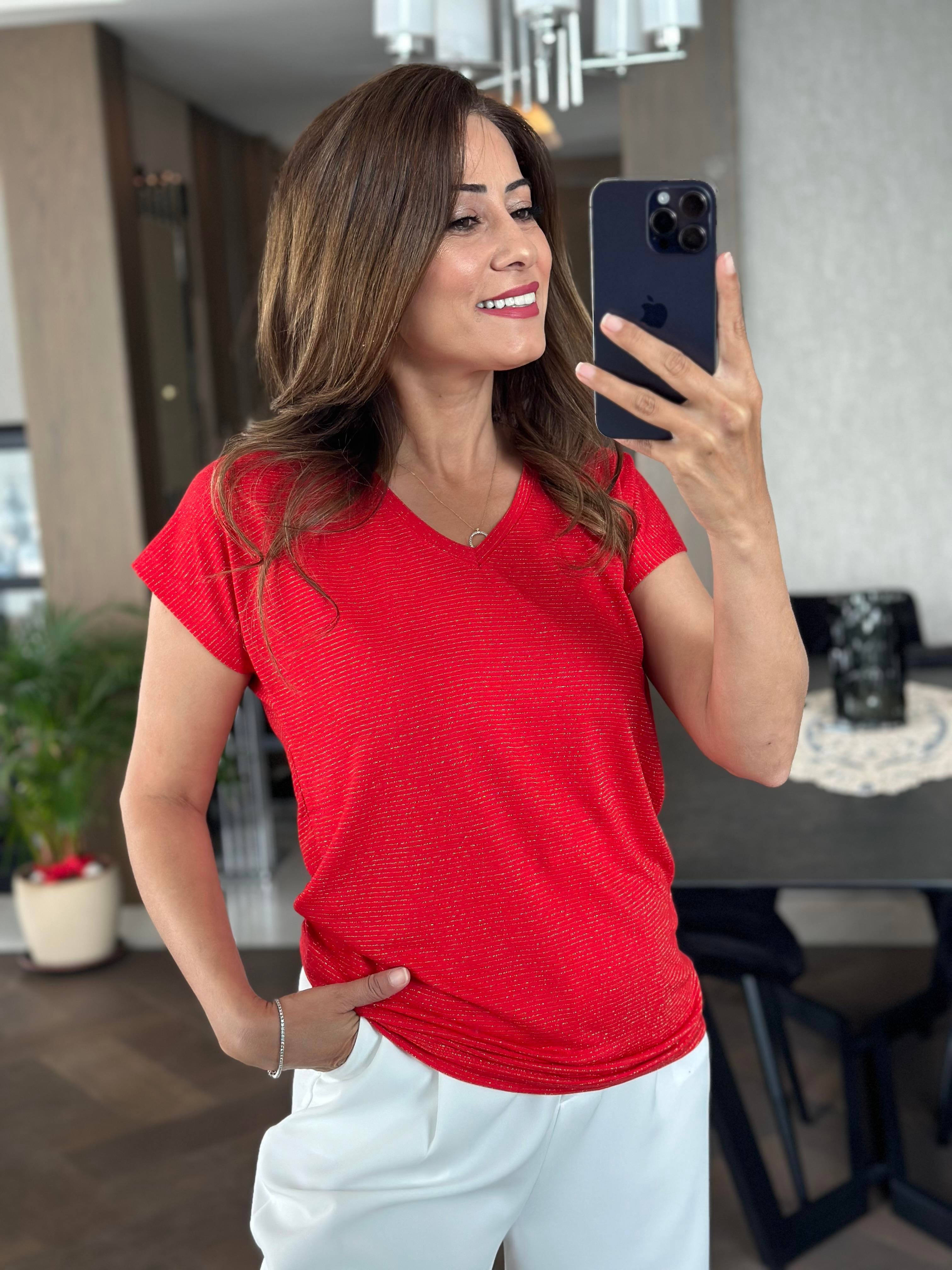 Kırmızı Sim Çizgili V Yaka Kısa Yarasa Kol Basic Kadın T-Shirt