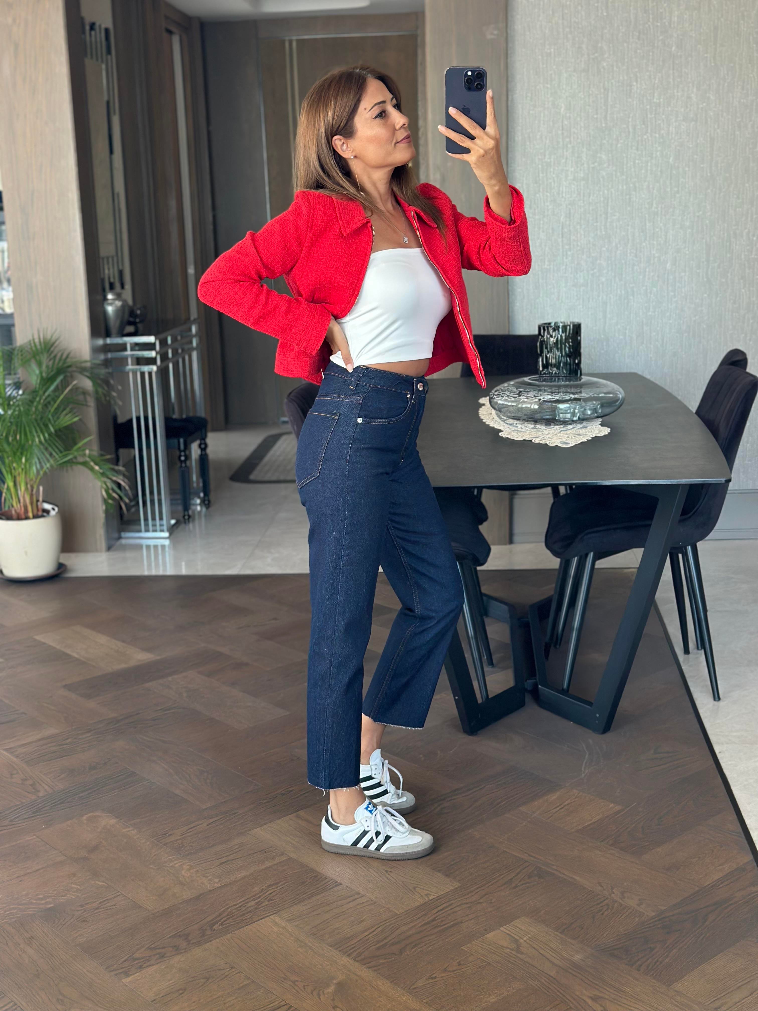 Kırmızı Tüvit Fermuarlı Cepli Kadın Ceket