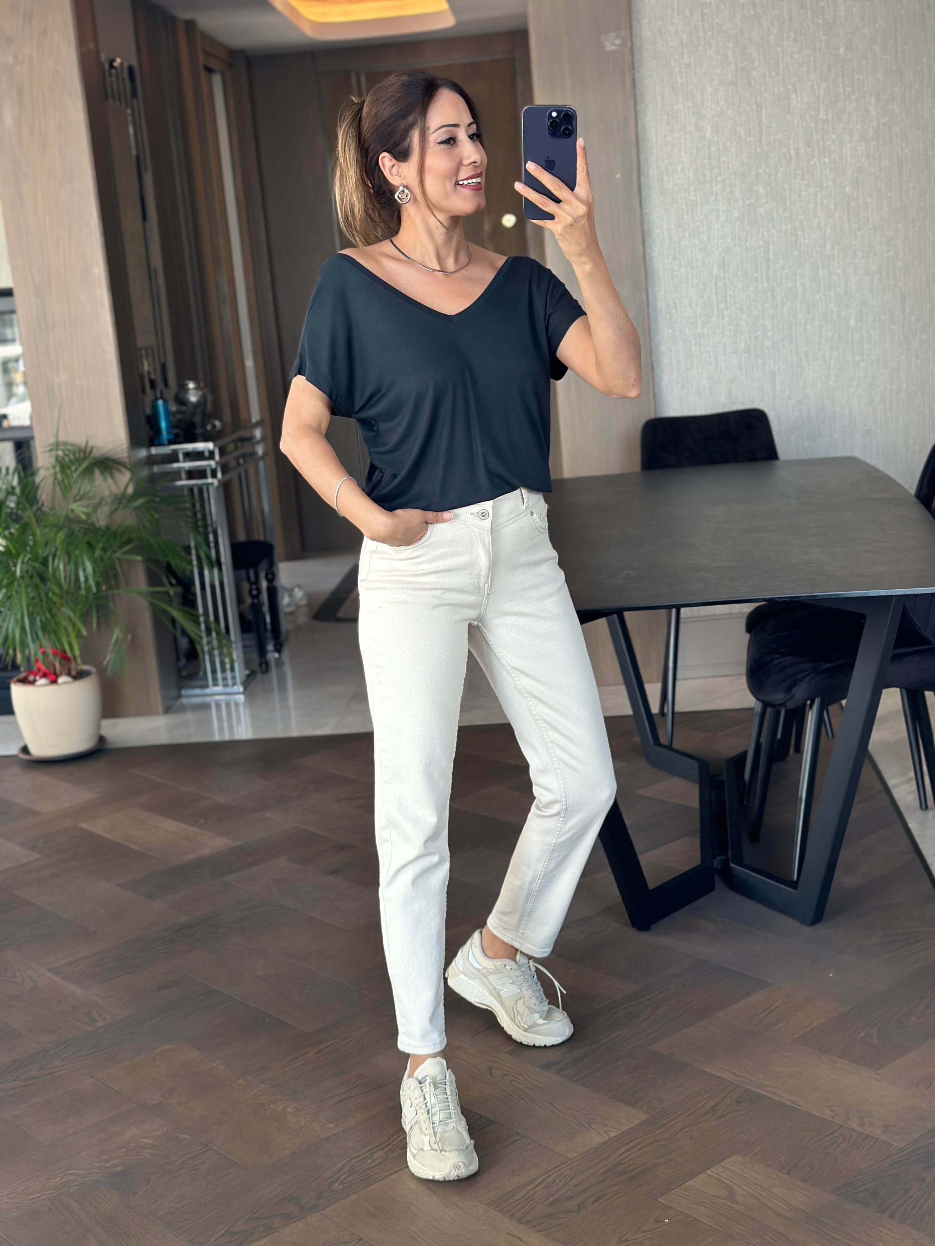 Koyu Füme Ön Arka V Yaka Kısa Yarasa Kol Kadın T-Shirt
