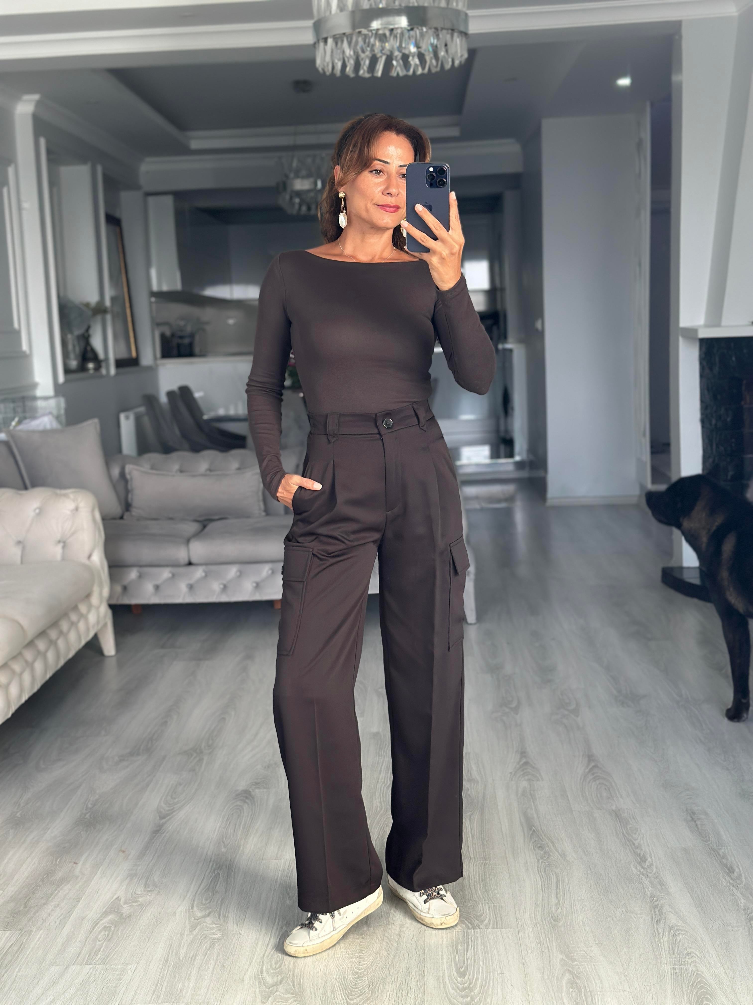 Koyu Kahverengi Kayık Yaka Uzun Kollu Top Kadın Bluz