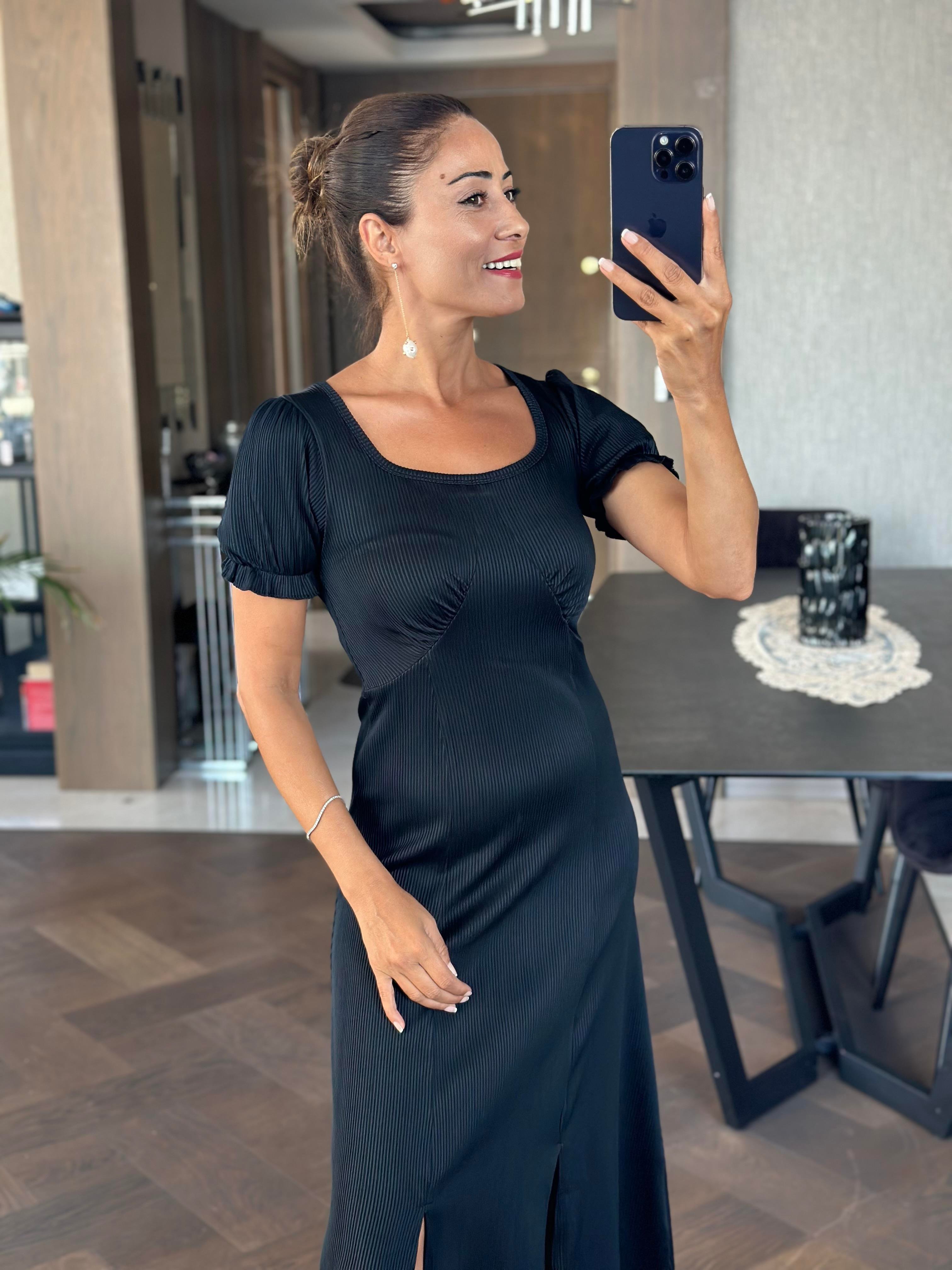 Koyu Lacivert Fitilli Örme Kumaş Prenses Kol Yırtmaçlı Kadın Elbise