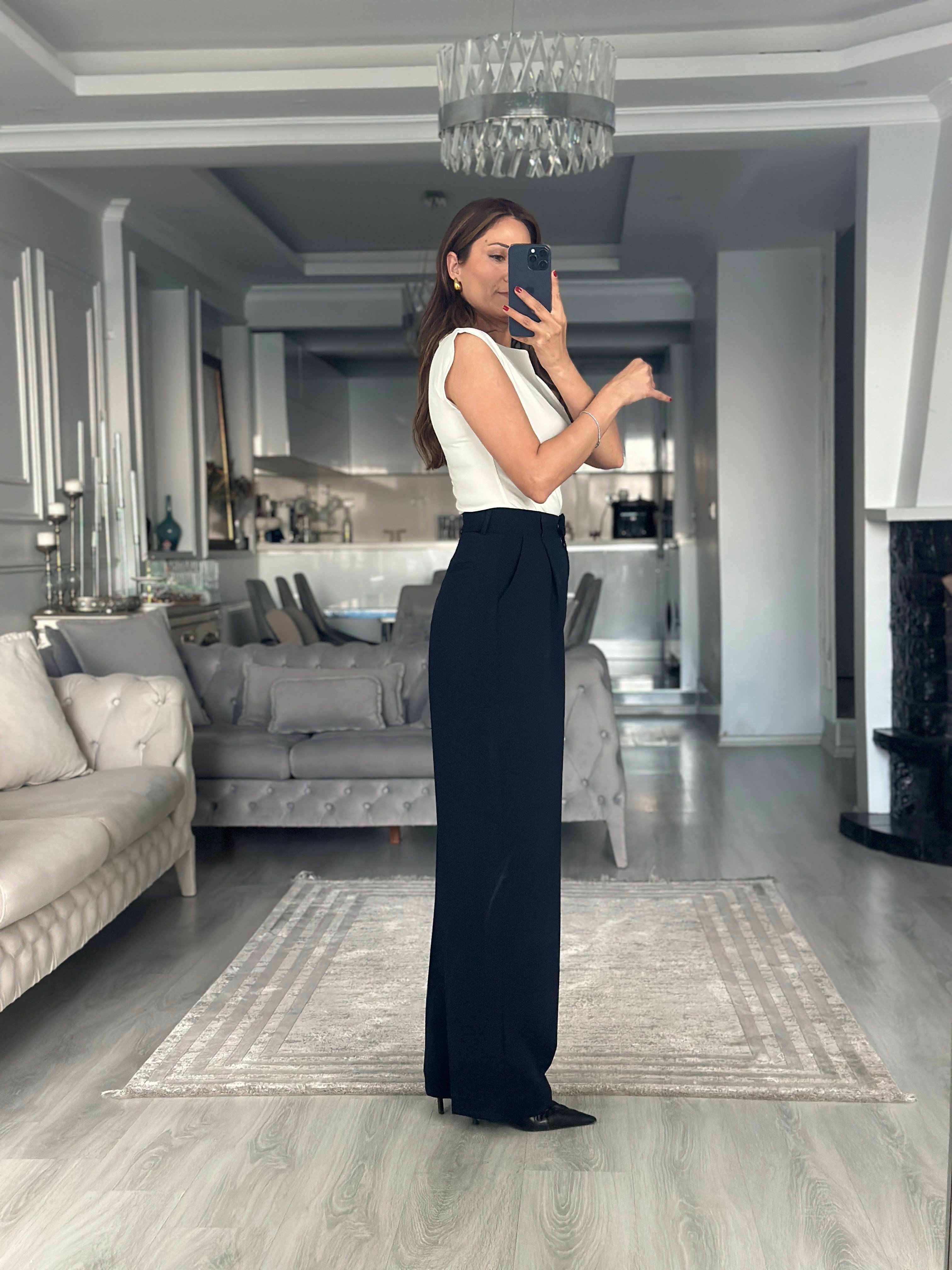 Koyu Lacivert Premium Dökümlü Kumaş Kadın Pantolon 