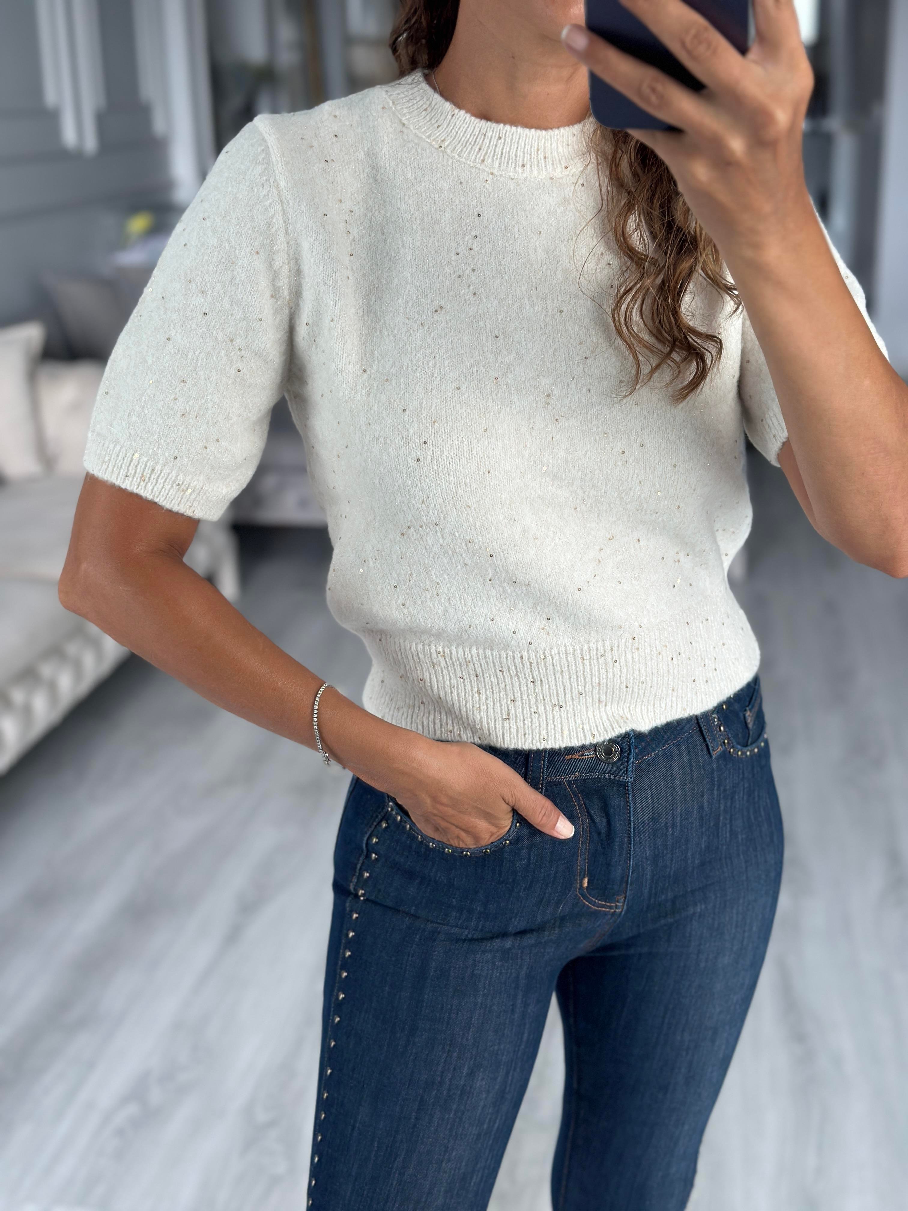 Krem Bisiklet Yaka Kısa Kol Pullu Simli Kadın Kazak