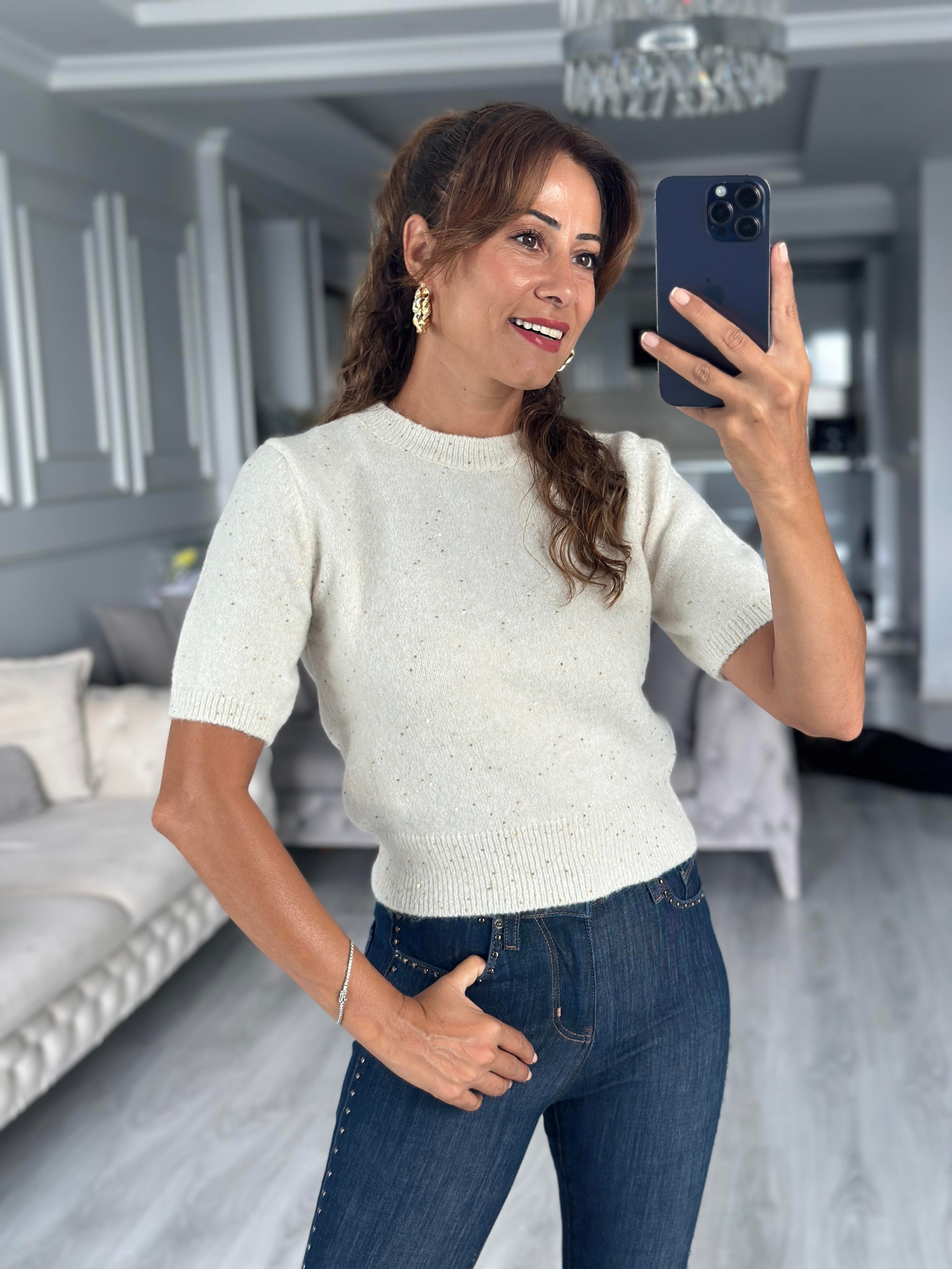 Krem Bisiklet Yaka Kısa Kol Pullu Simli Kadın Kazak