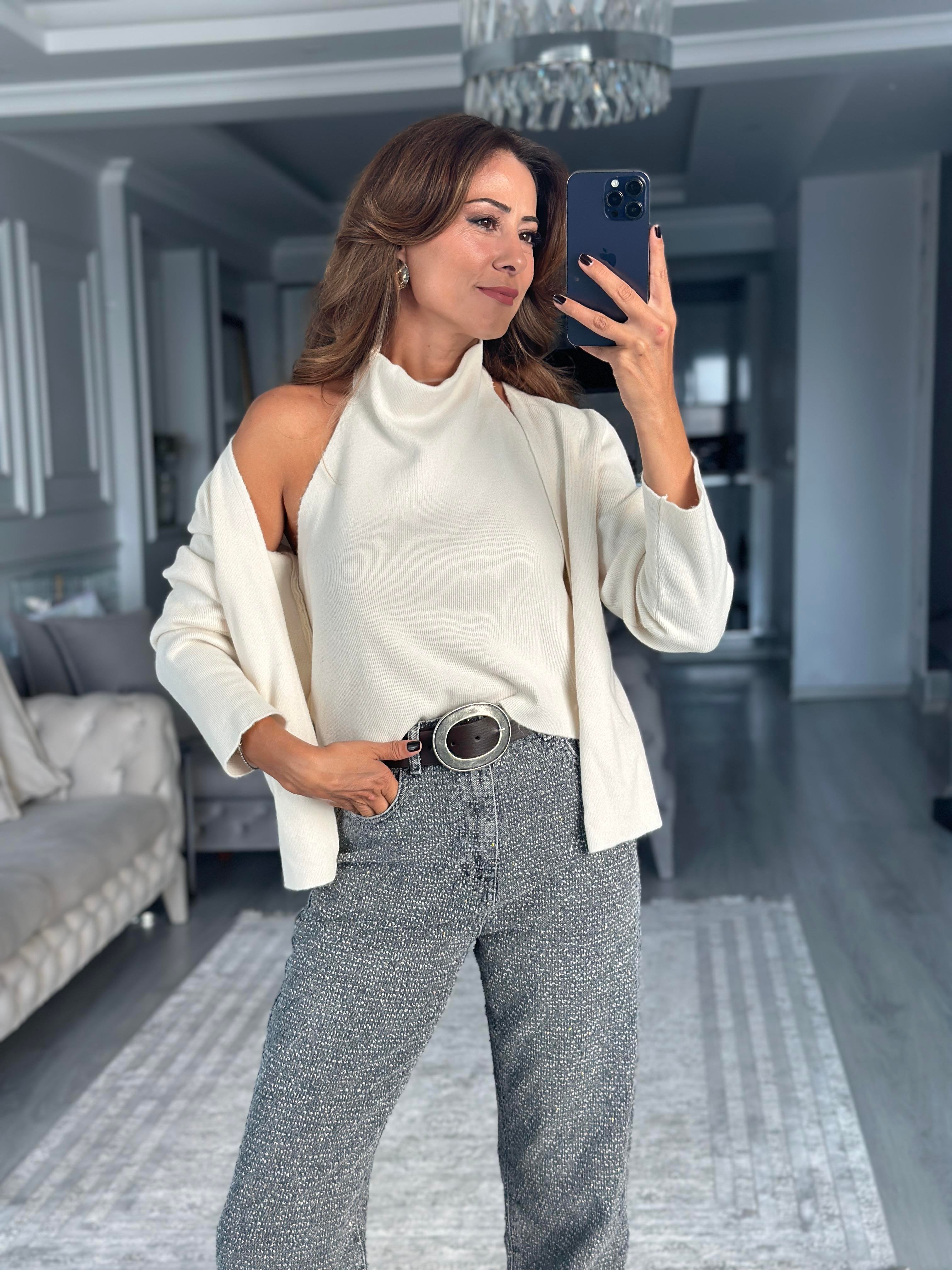 Krem Body Detaylı Kadın Triko Hırka 