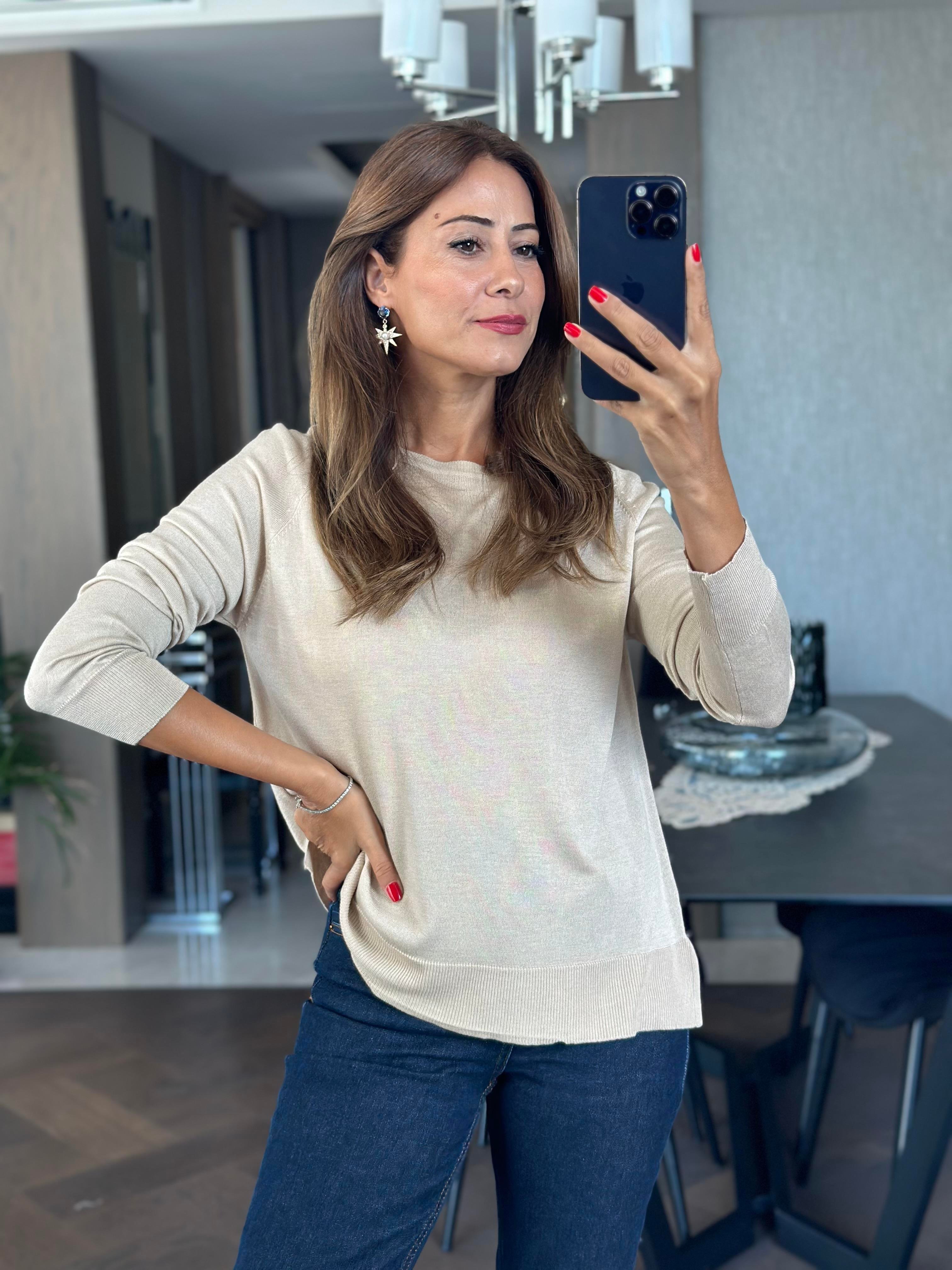 Kum Beji Bisiklet Yaka Uzun Kol Dlvn Düz Merserize Kadın Bluz