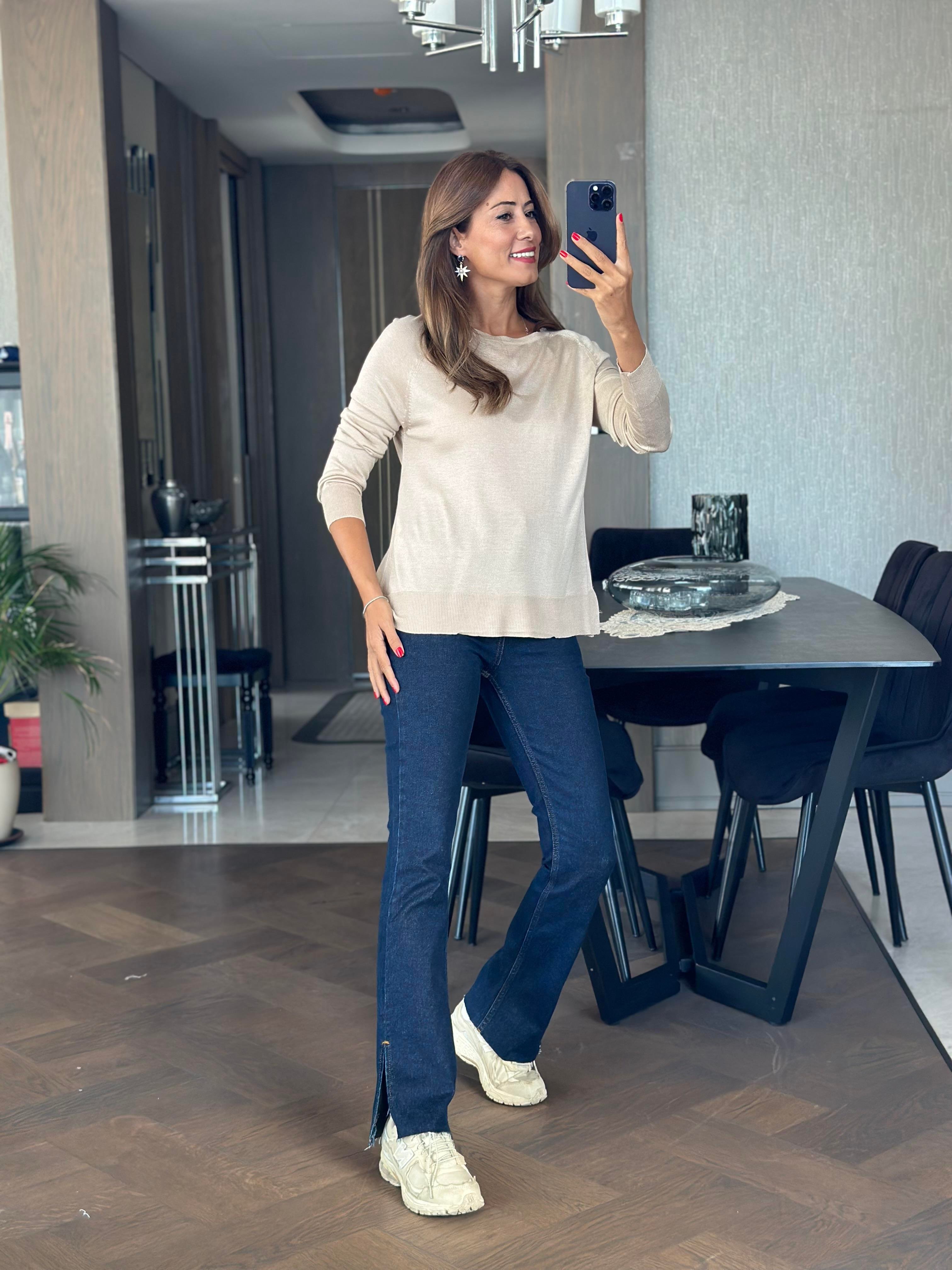 Kum Beji Bisiklet Yaka Uzun Kol Dlvn Düz Merserize Kadın Bluz