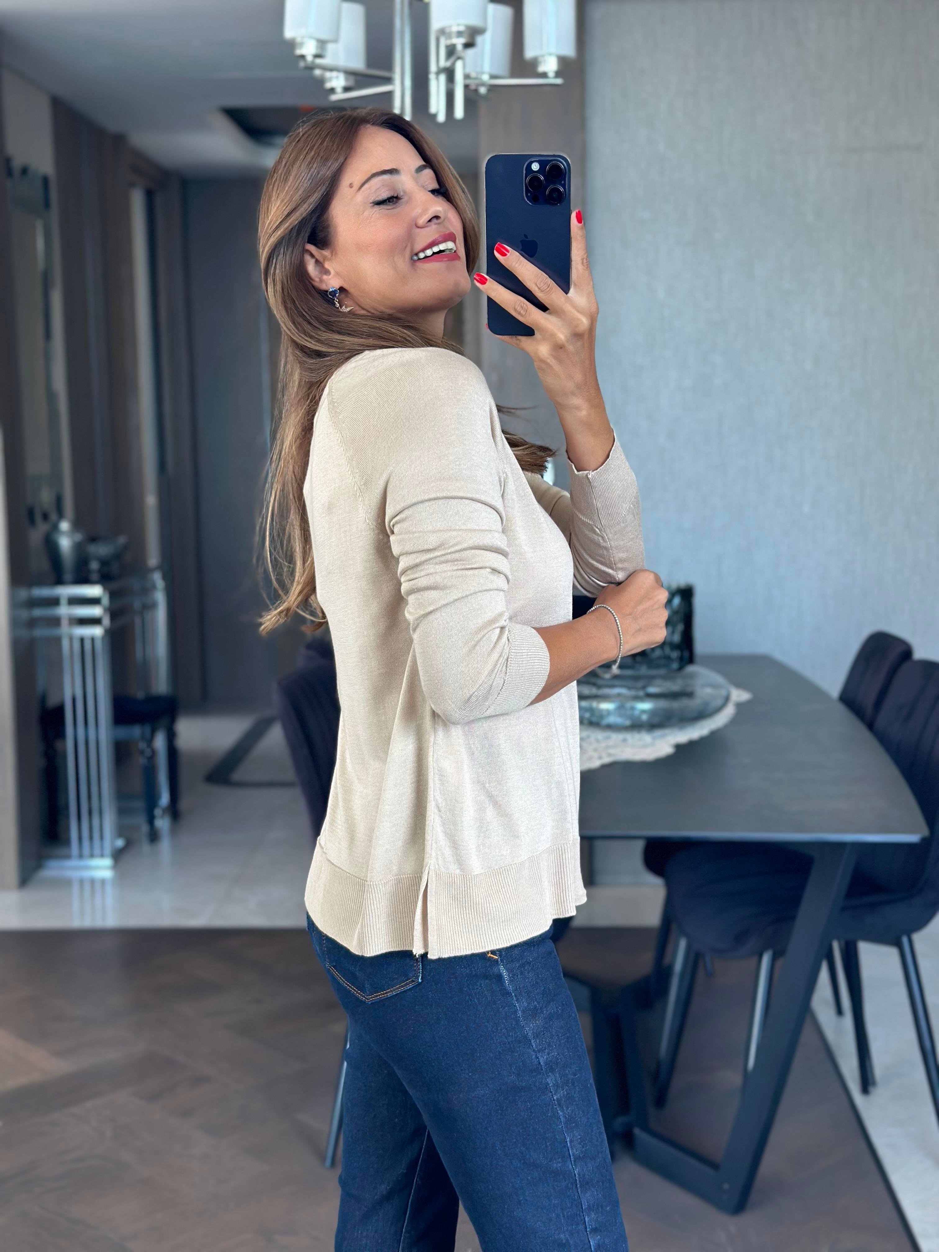 Kum Beji Bisiklet Yaka Uzun Kol Dlvn Düz Merserize Kadın Bluz