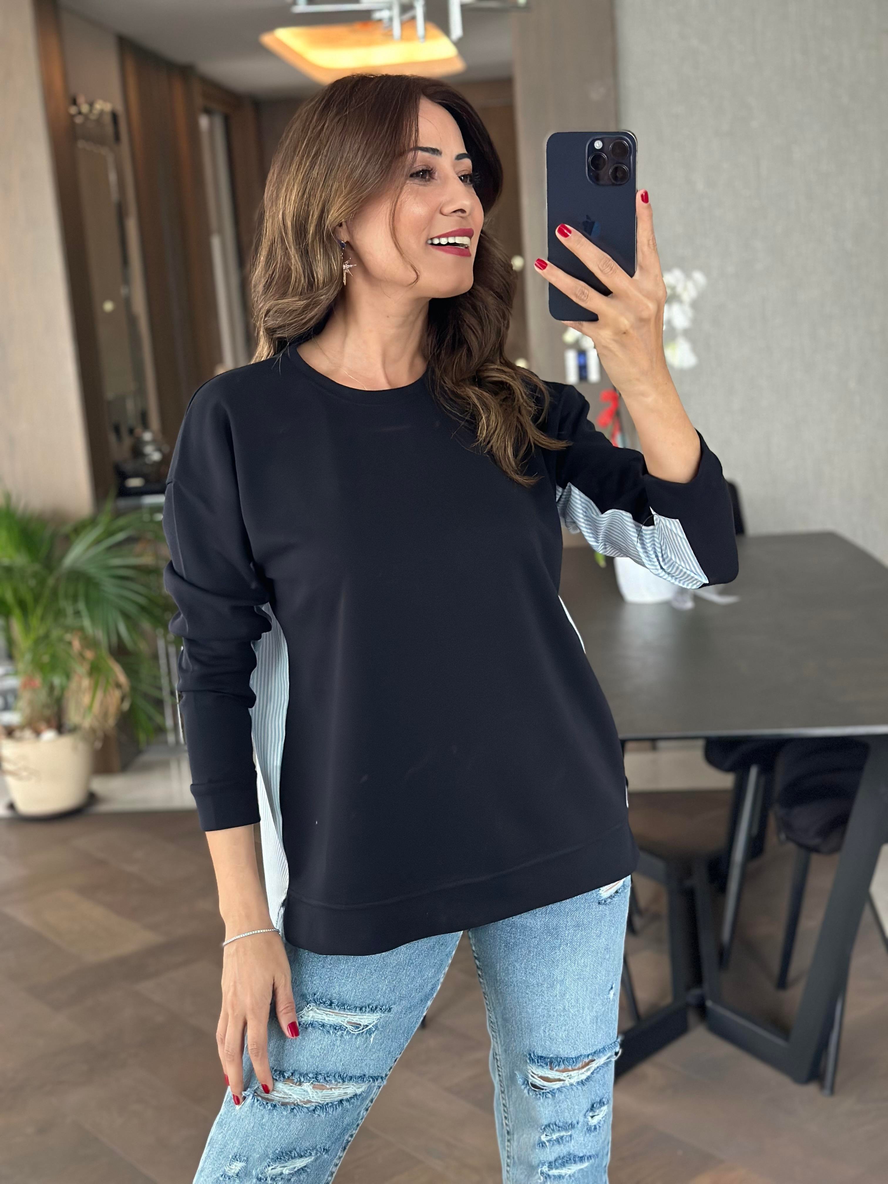 Lacivert Arkası Çizgili Bisiklet Yaka Kadın Sweatshirt