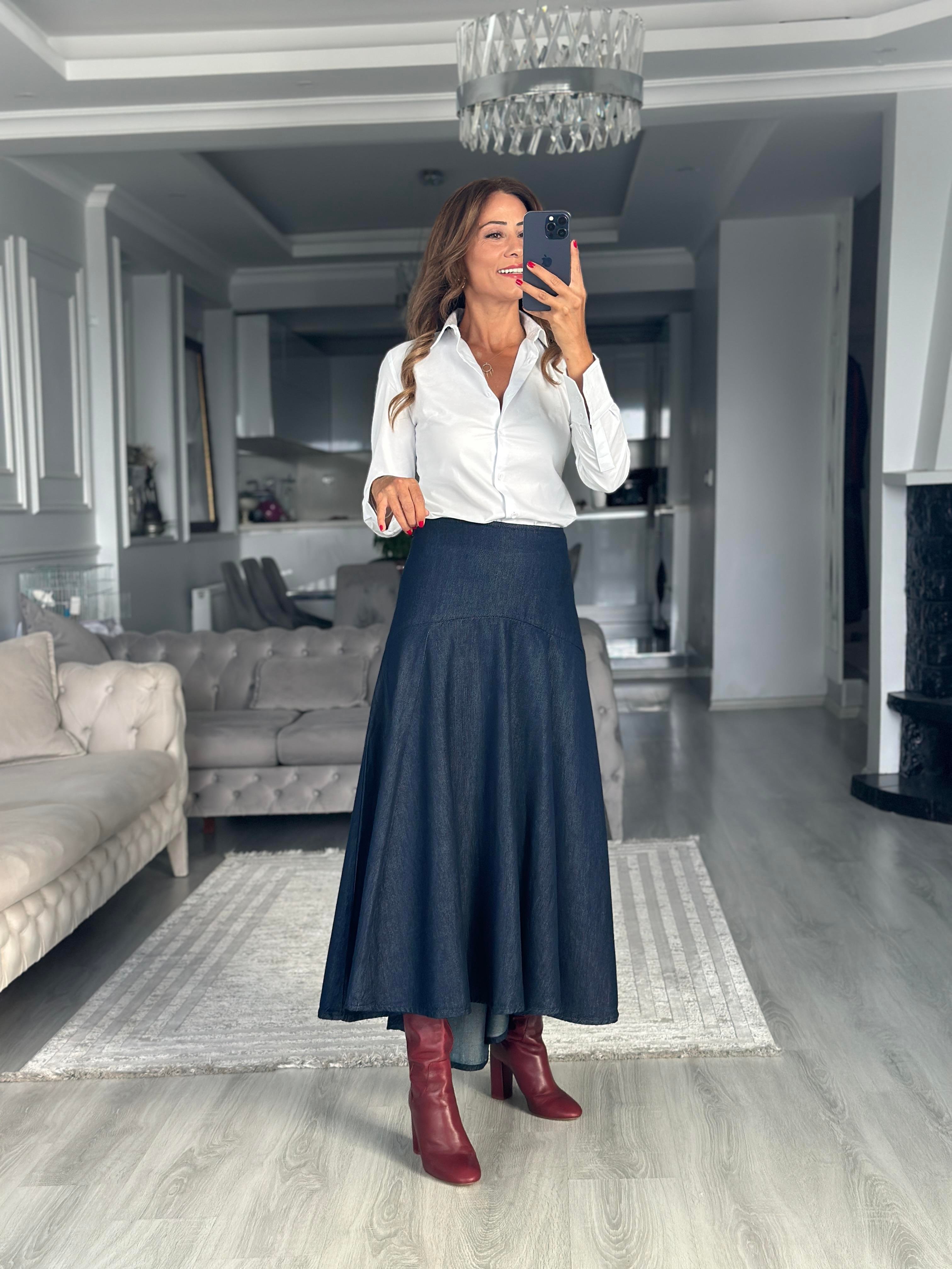 Lacivert  Arkası Fermuarlı Midi Boy Kadın Denim Etek